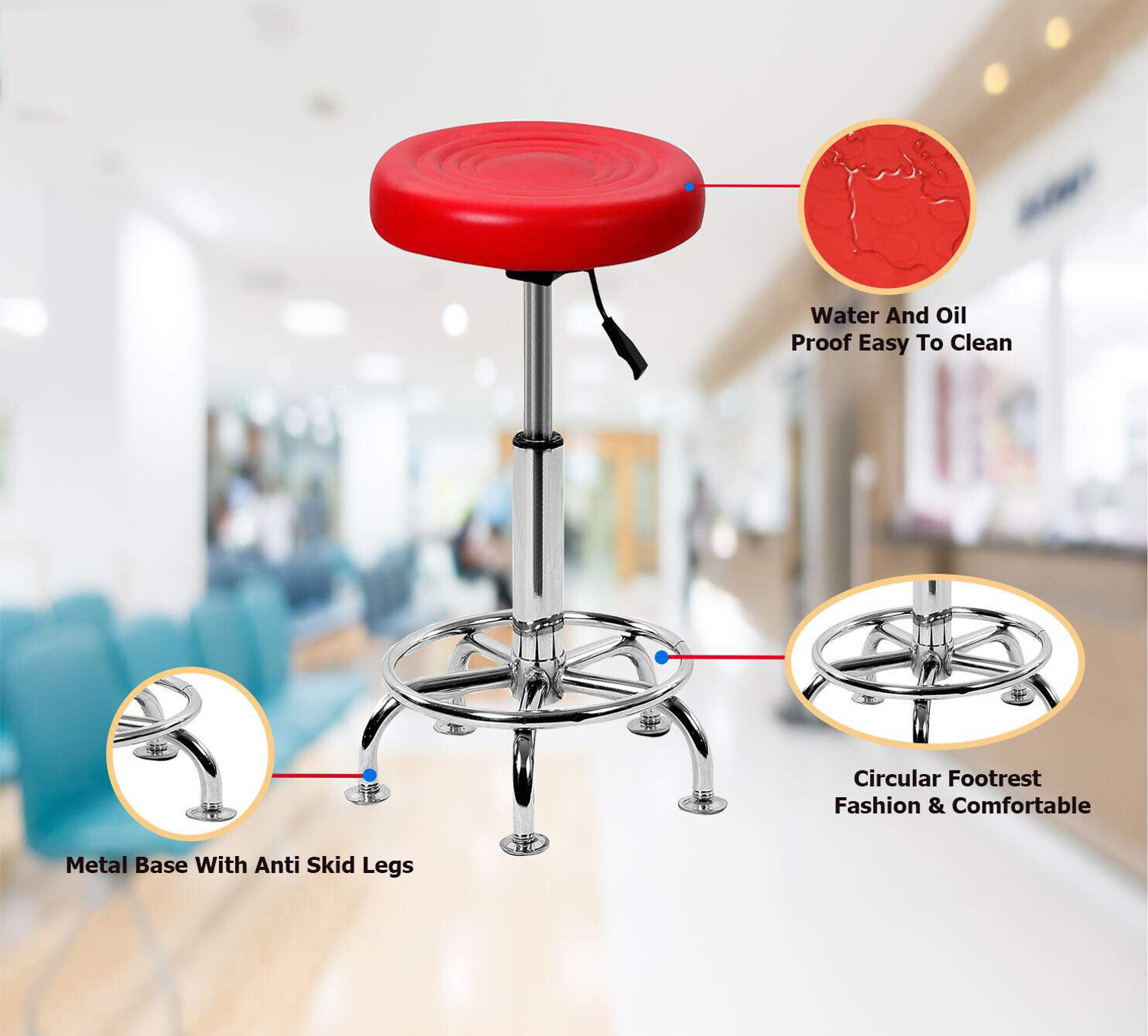 Image of MAESTRO SEATING SYSTEMS Stool with Adjustable Height and Chrome Base Stool (Red) Foam Bar Stool Leatherette Bar Chair