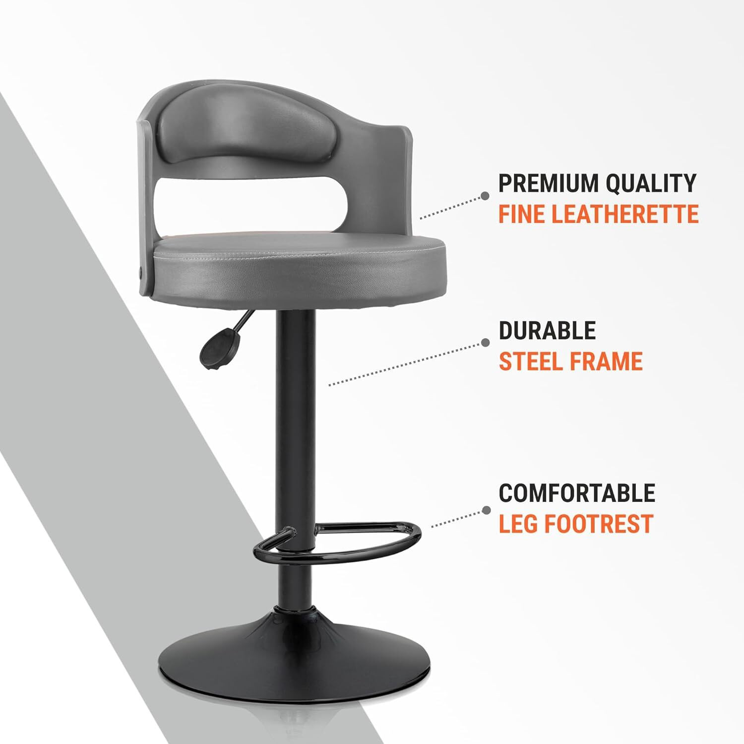 Image of ASTRIDE Amica High Bar Chair /Stool in Grey,2 Years Warranty,Rust-Proof Heavy Duty Base Plastic Bar Stool