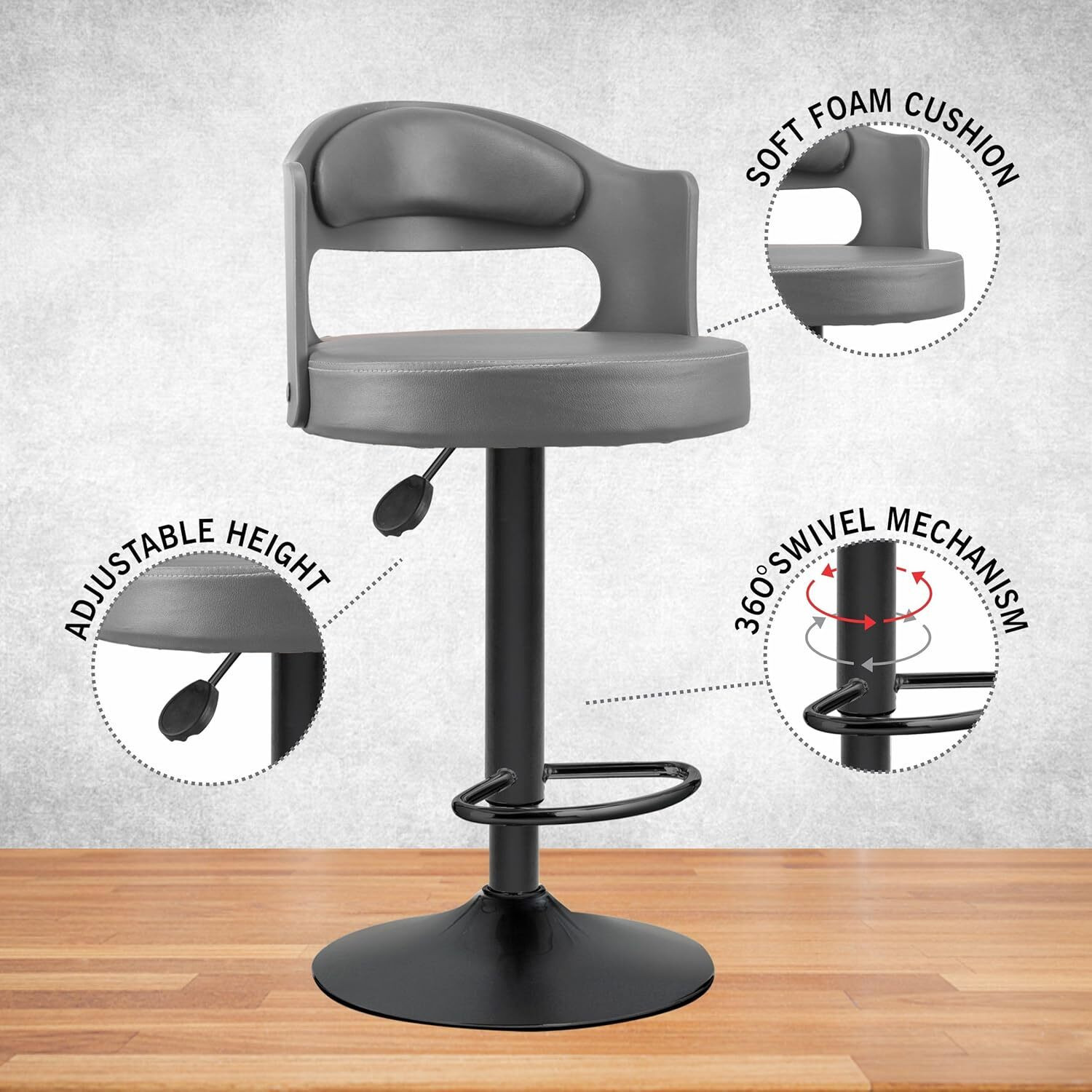 Image of ASTRIDE Amica High Bar Chair /Stool in Grey,2 Years Warranty,Rust-Proof Heavy Duty Base Plastic Bar Stool