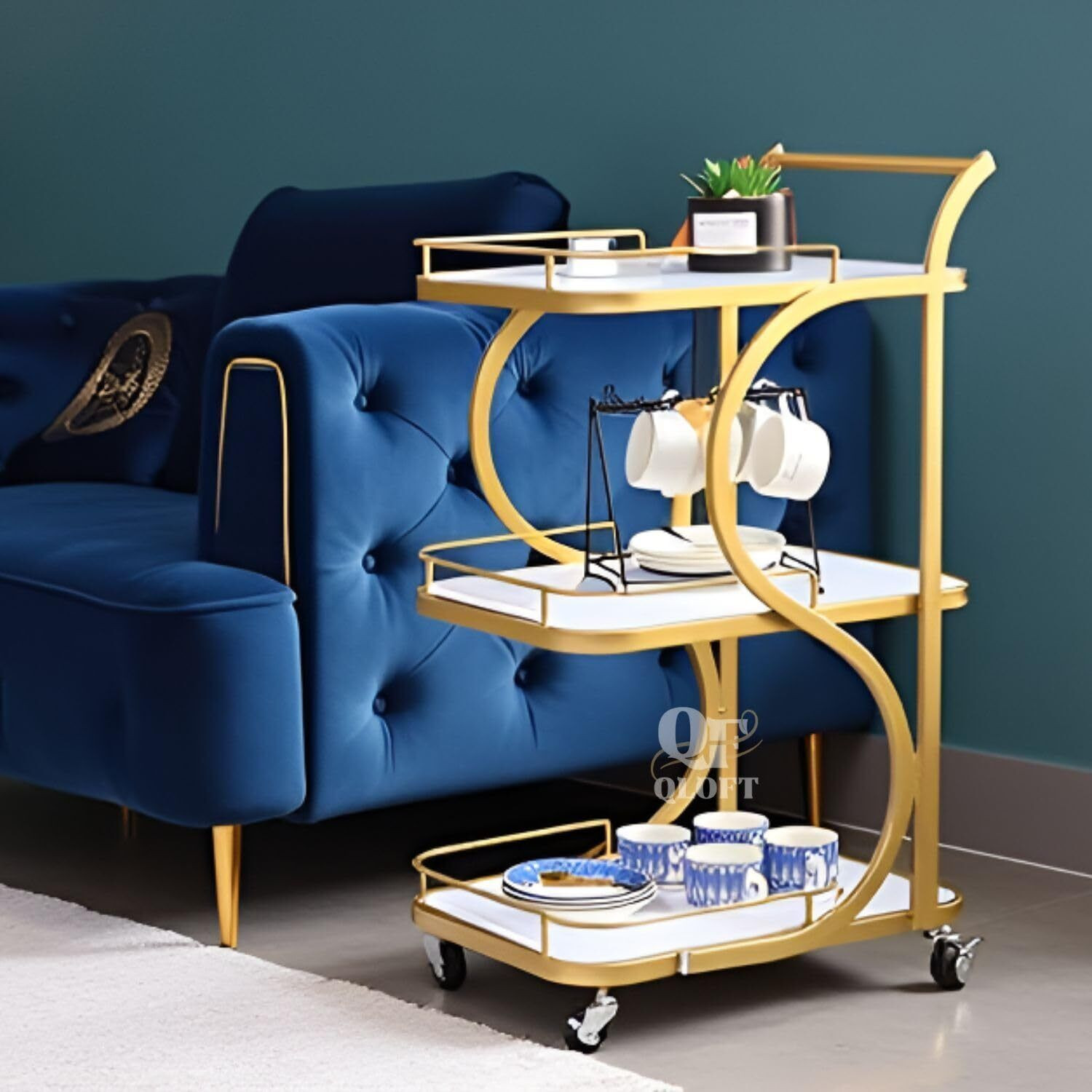 Image of Artisan vibes Coffee Table Bar Trolley Kitchen Trolley Serving Trolley with Lockable Wheels Engineered Wood Bar Trolley