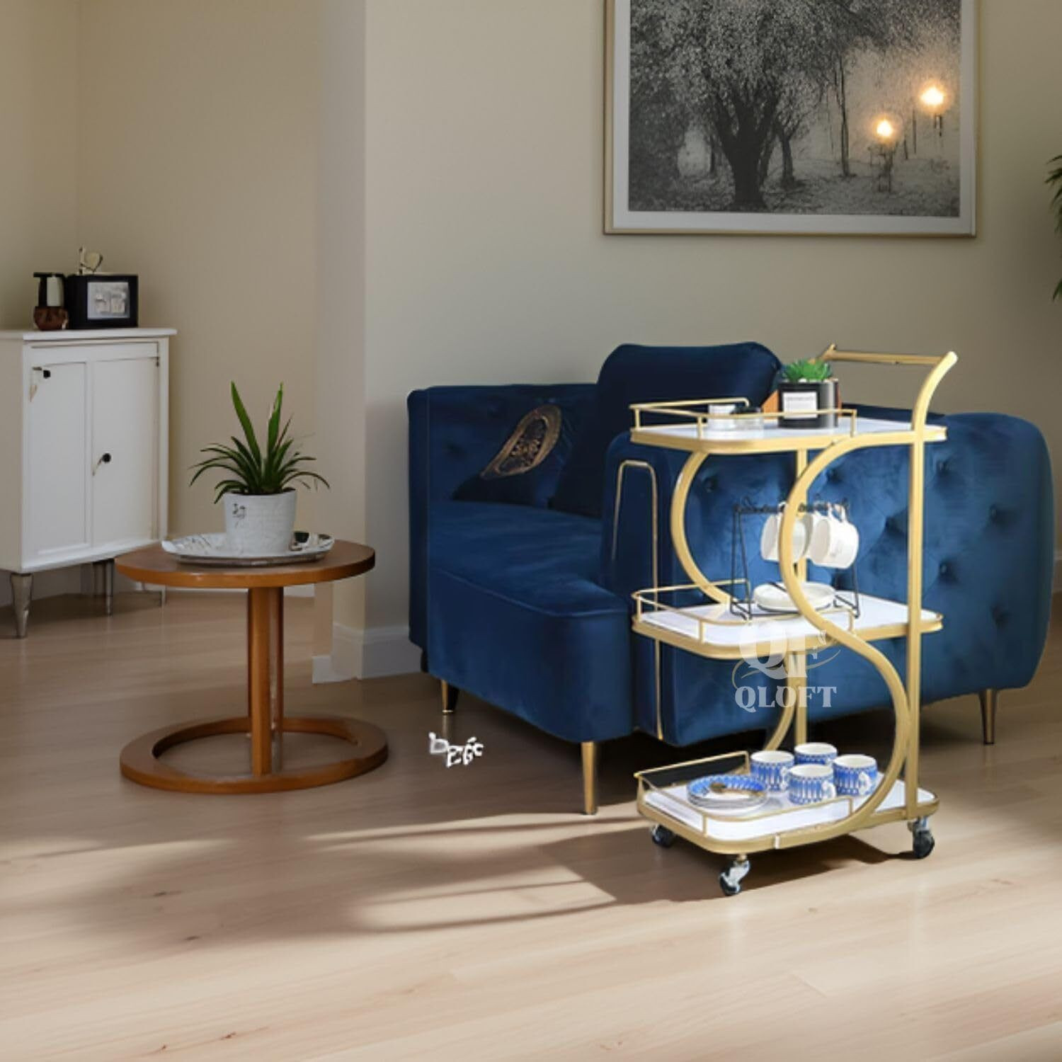 Image of Artisan vibes Coffee Table Bar Trolley Kitchen Trolley Serving Trolley with Lockable Wheels Engineered Wood Bar Trolley