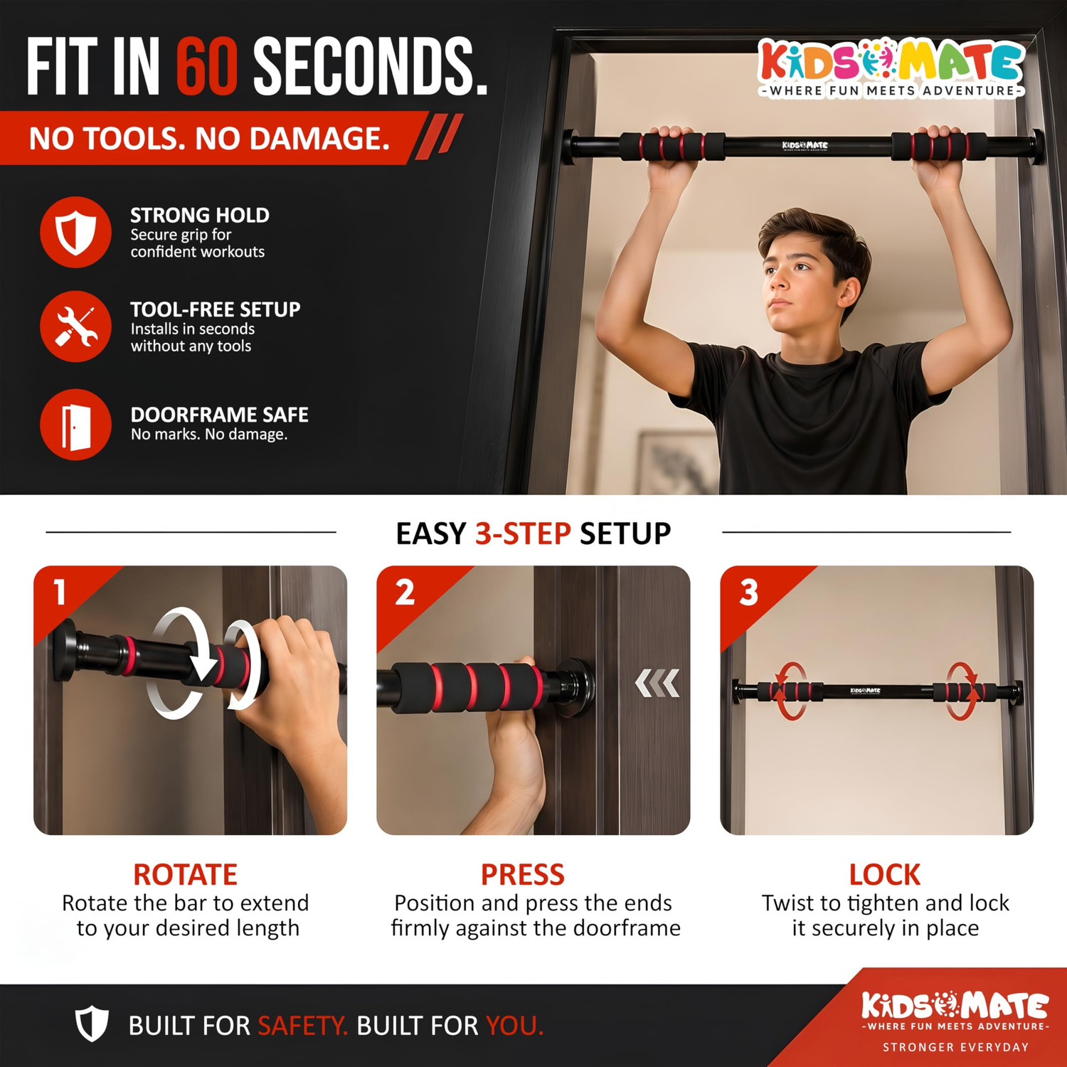 Image of Kidsmate Height Increase for Kids | Hanging Rod for Kids & Adults | 100 Kg Capacity, Pull-up Bar