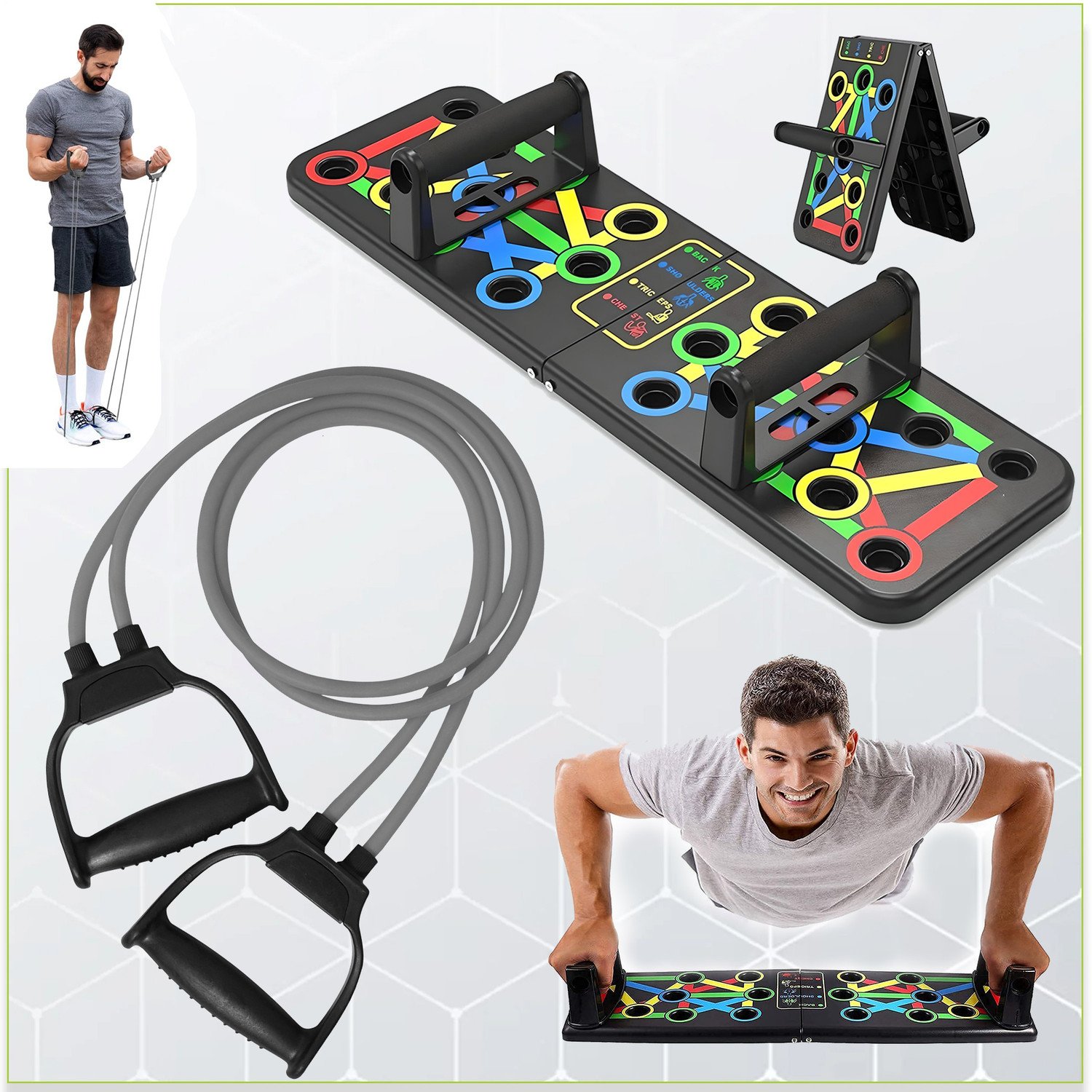 Image of Manogyam Combo - 2 Push-up Boards, & Toning Tube Gray, Full Body Workout Set Push-up Bar
