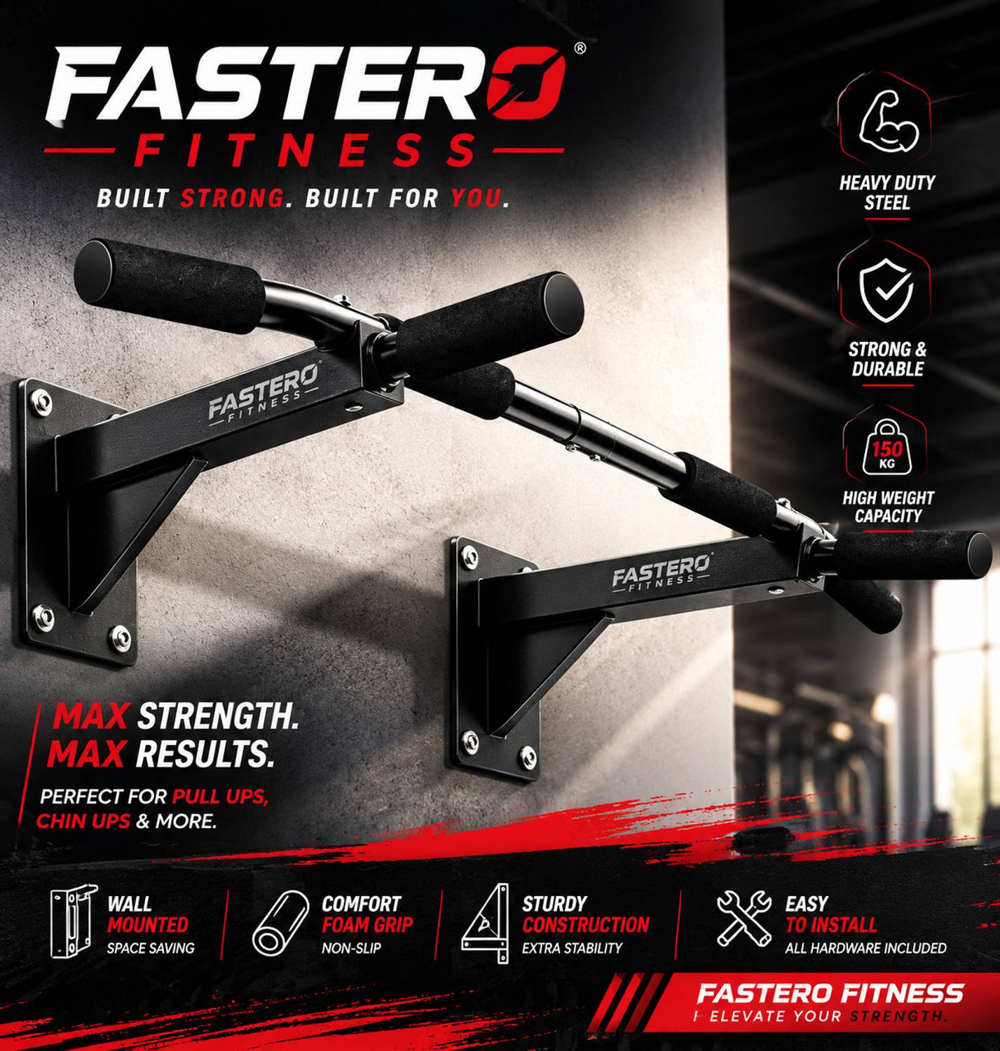 FASTERO Fitness Wall Mounting Pull-up Bar (Black) - Image 1