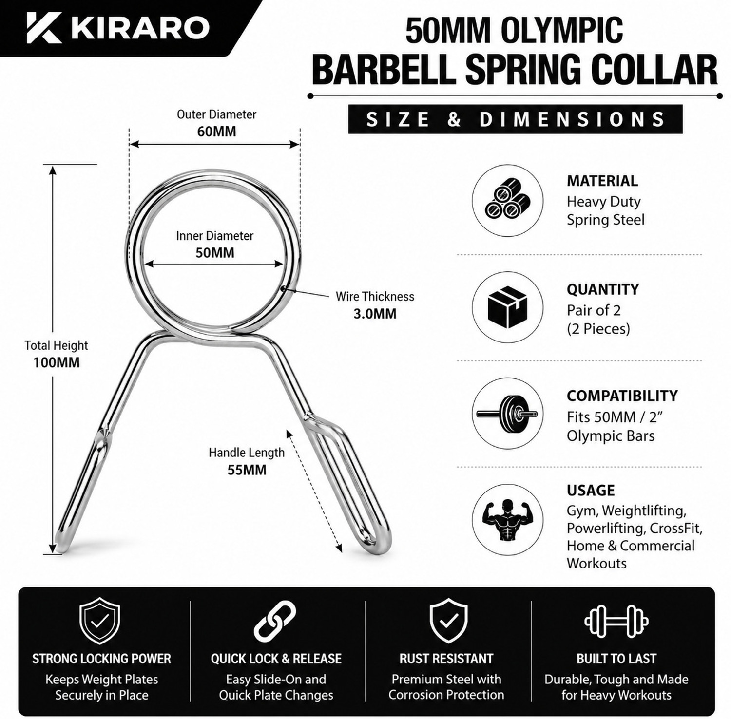 Image of Kiraro 50MM Olympic Spring Lock Clips for Gym Barbell Rod Pack of 8 Weight Lifting Bar