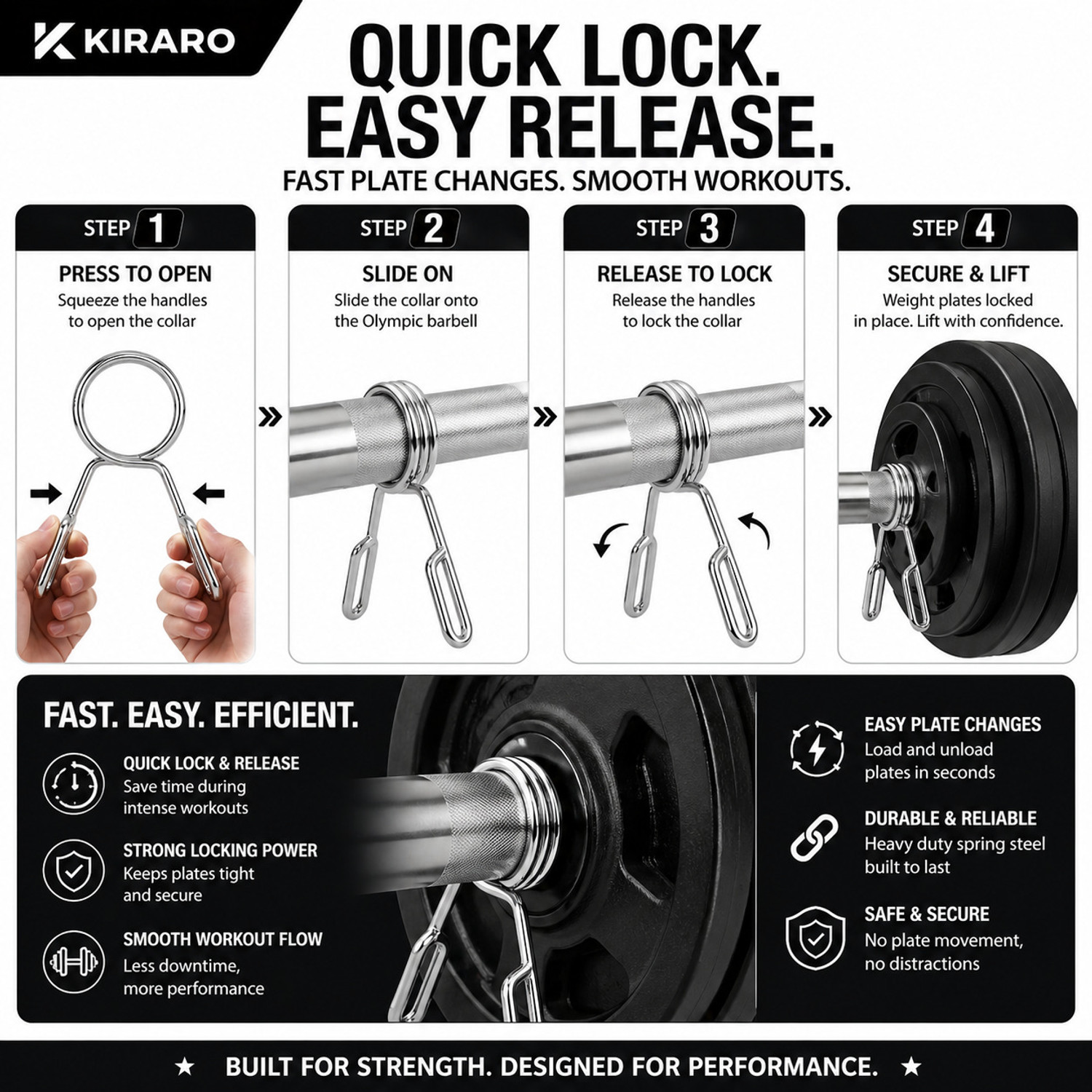 Image of Kiraro 50MM Olympic Spring Lock Clips for Gym Barbell Rod Pack of 8 Weight Lifting Bar