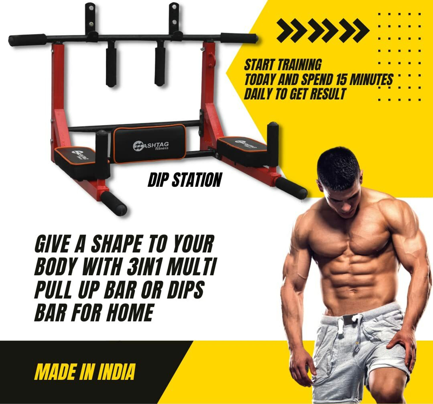 Image of HASHTAG FITNESS Wall mount pull up bar, wall mount 3 in 1, dips station, home gym equipments, Pull-up Bar