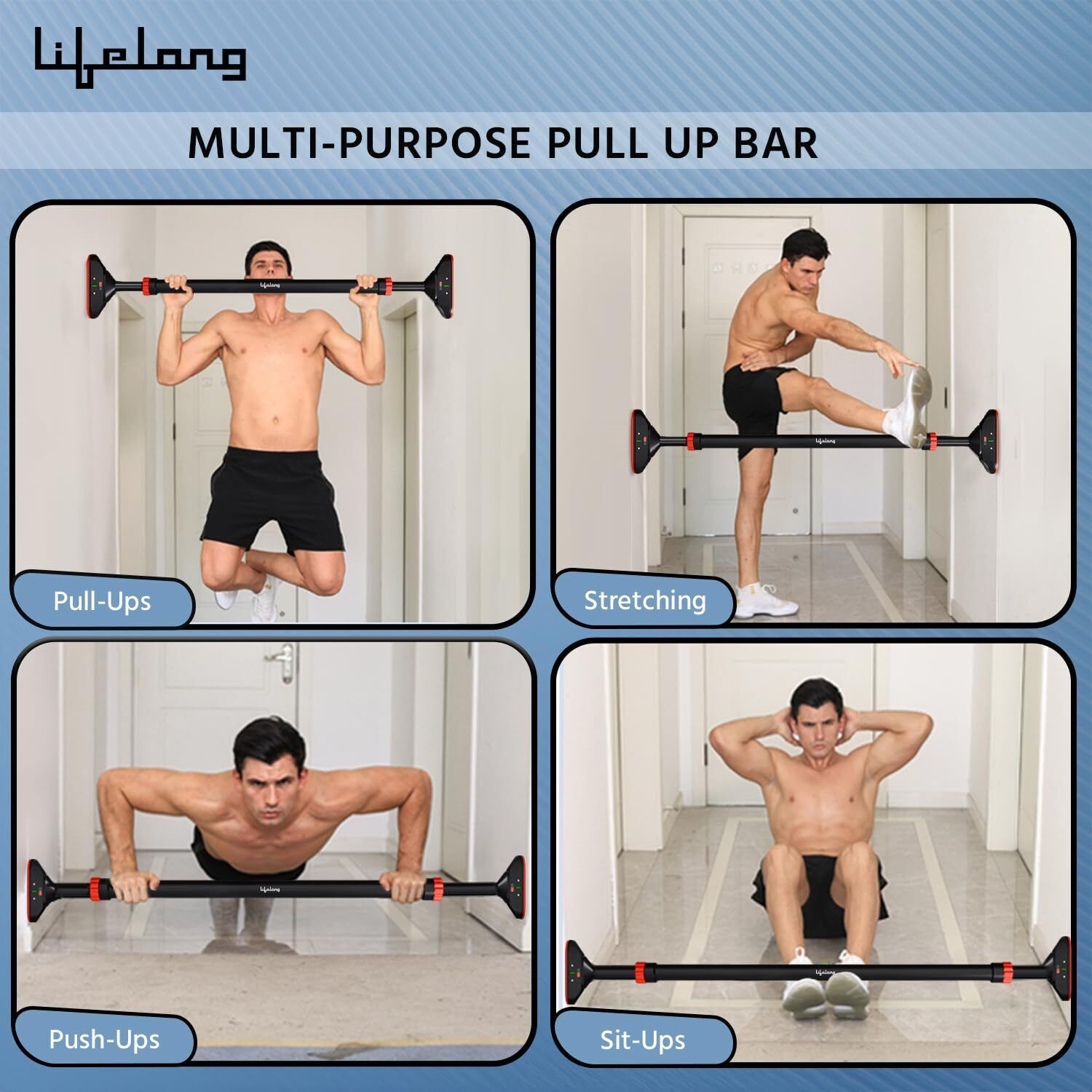 Image of Lifelong Pull Up Bar for Home -Adjustable Rod 72cm to 100cm width - wall mounted Pull-up Bar