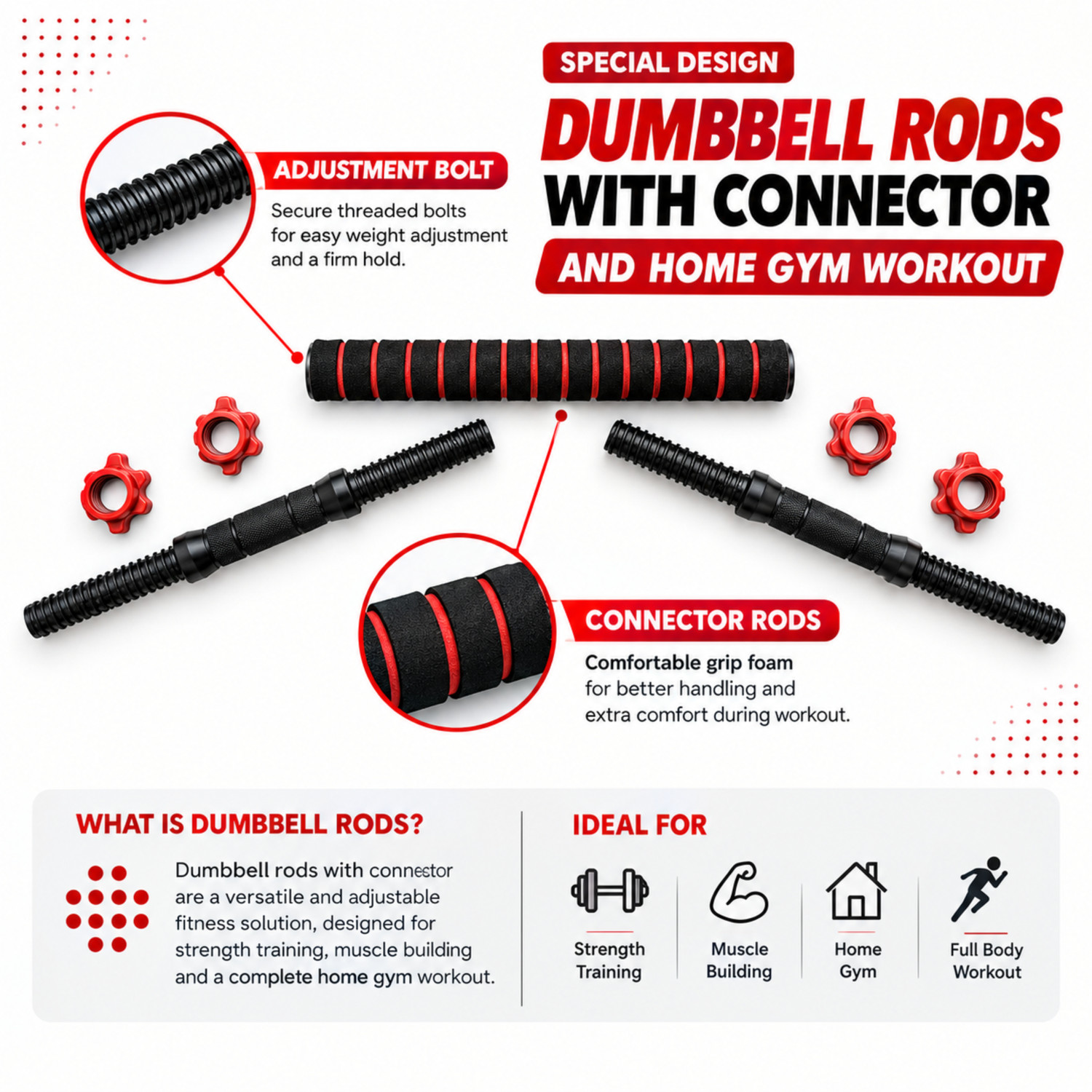Image of Khinaray Dumbbell Rods with Connector | Adjustable Dumbbell Rod Set Weight Lifting Bar (Black, Red)