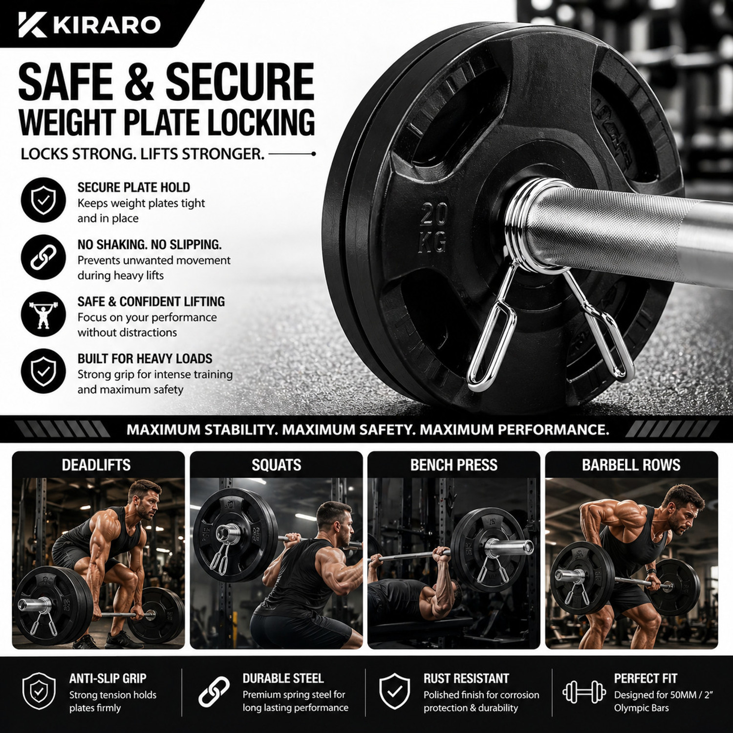 Image of Kiraro 50MM Olympic Spring Lock Clips for Gym Barbell Rod Pack of 8 Weight Lifting Bar