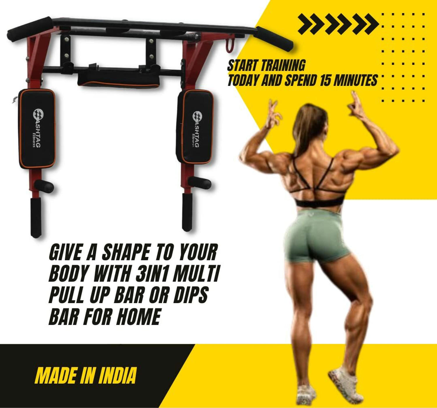 Image of HASHTAG FITNESS Wall mount pull up bar, wall mount 3 in 1, dips station, home gym equipments, Pull-up Bar