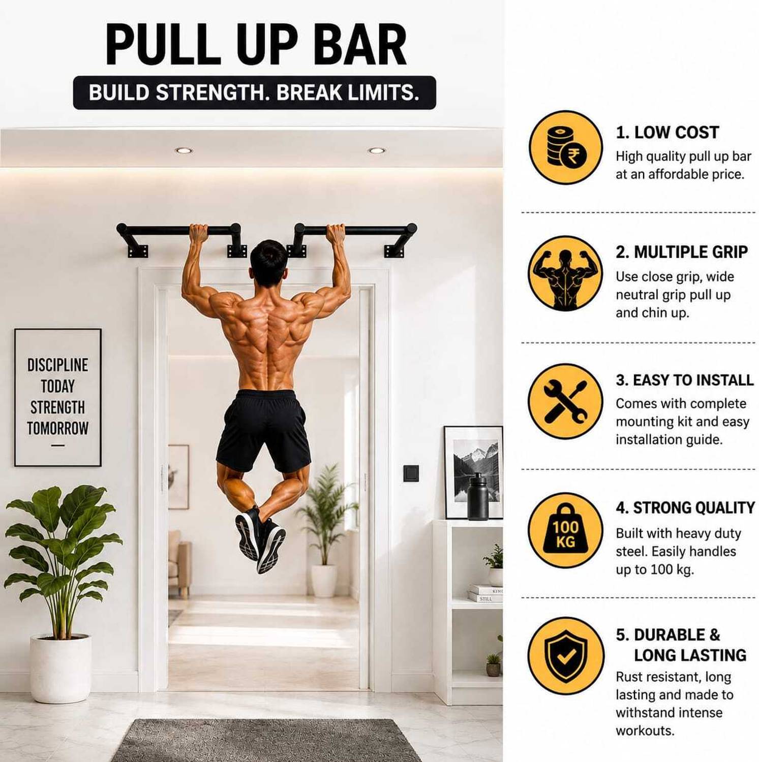 Home jone Heavy Duty Wall Mounted Pull Up Bar - Image 3