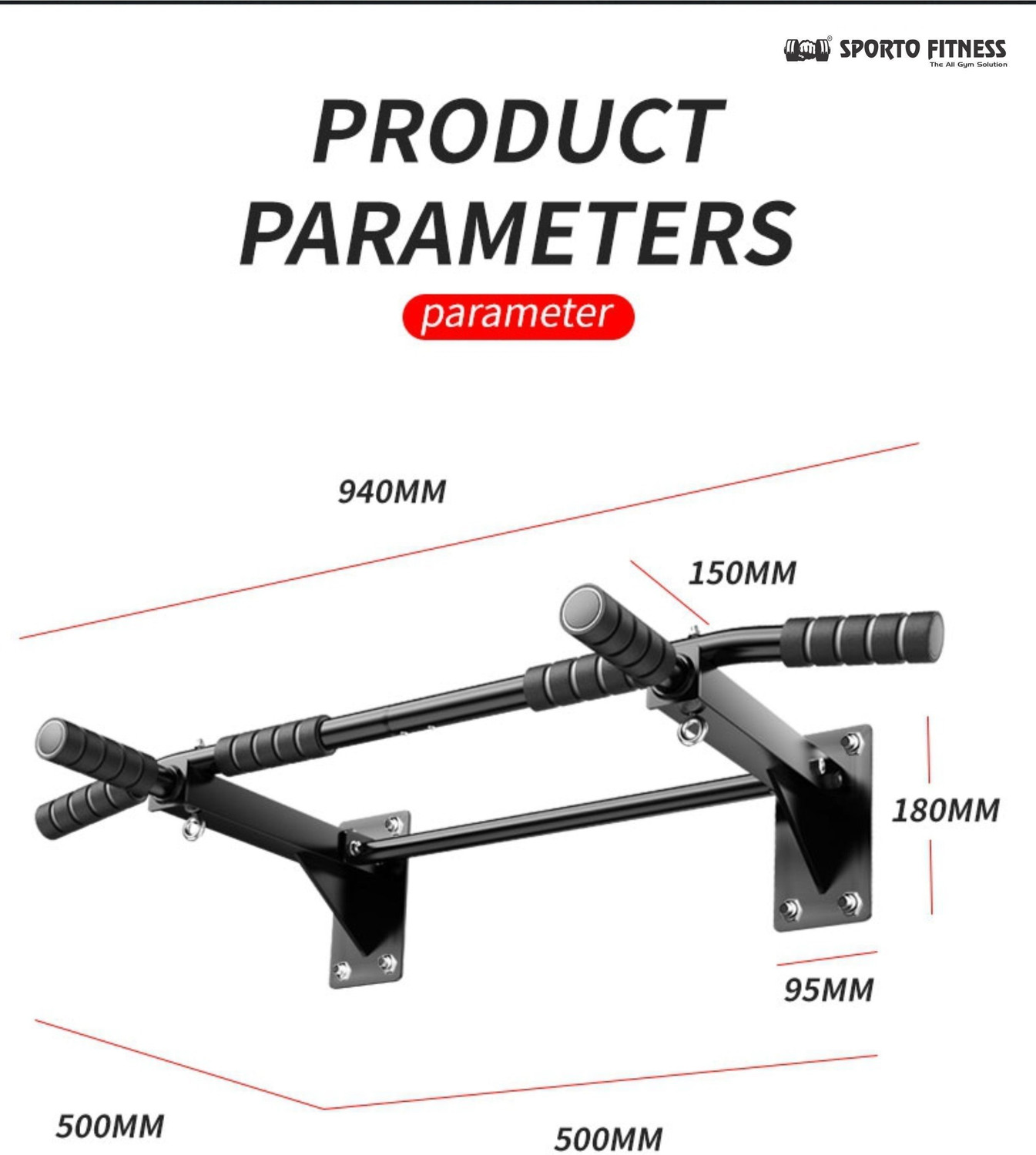 Image of Sporto Fitness Pull Chin Up Bar Wall Mounted Home Iron Gym Exercise Dips Upper Body Workout Pull-up Bar