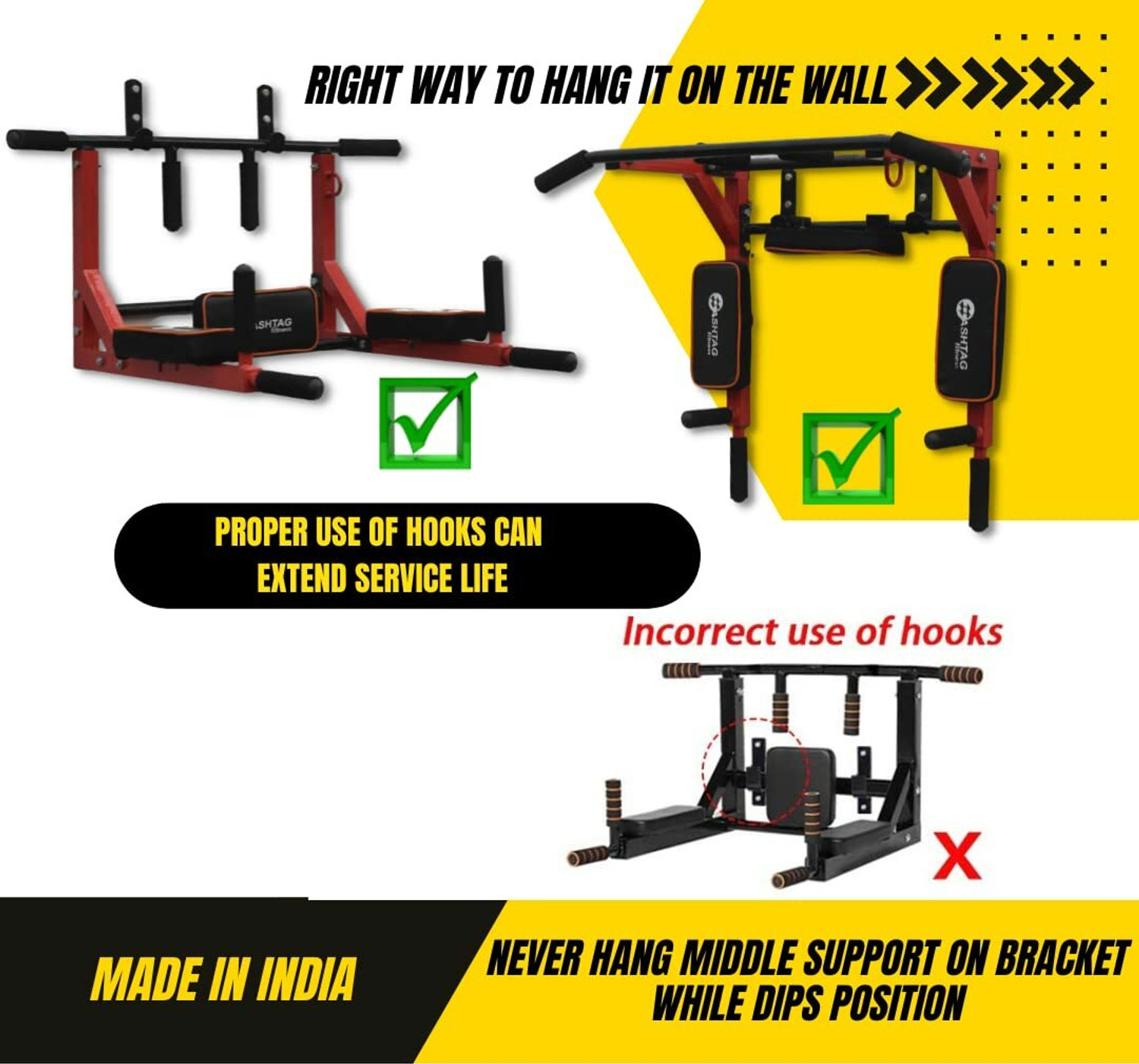 Image of HASHTAG FITNESS Wall Mounted Multi-Grip Dip Station for Indoor Home Gym Fitness equipments Pull-up Bar