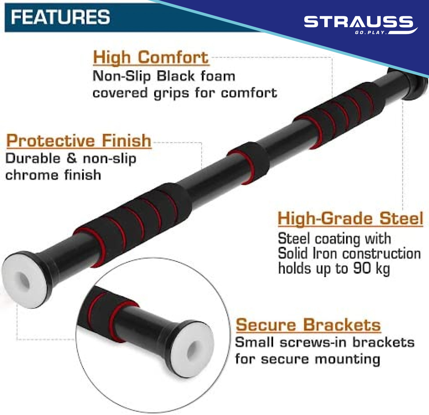 Image of Strauss Adjustable Door Chin Up Bar | Pullup Rod | Pull Up Bar | Gym Bar Pull-up Bar