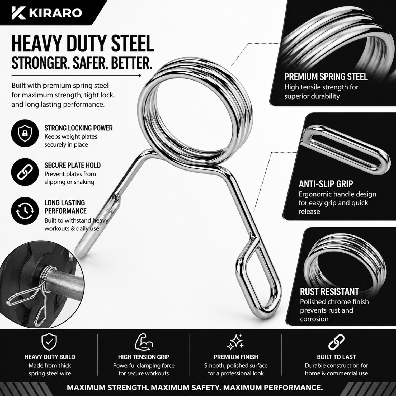 Image of Kiraro 50MM Olympic Spring Lock Clips for Gym Barbell Rod Pack of 8 Weight Lifting Bar