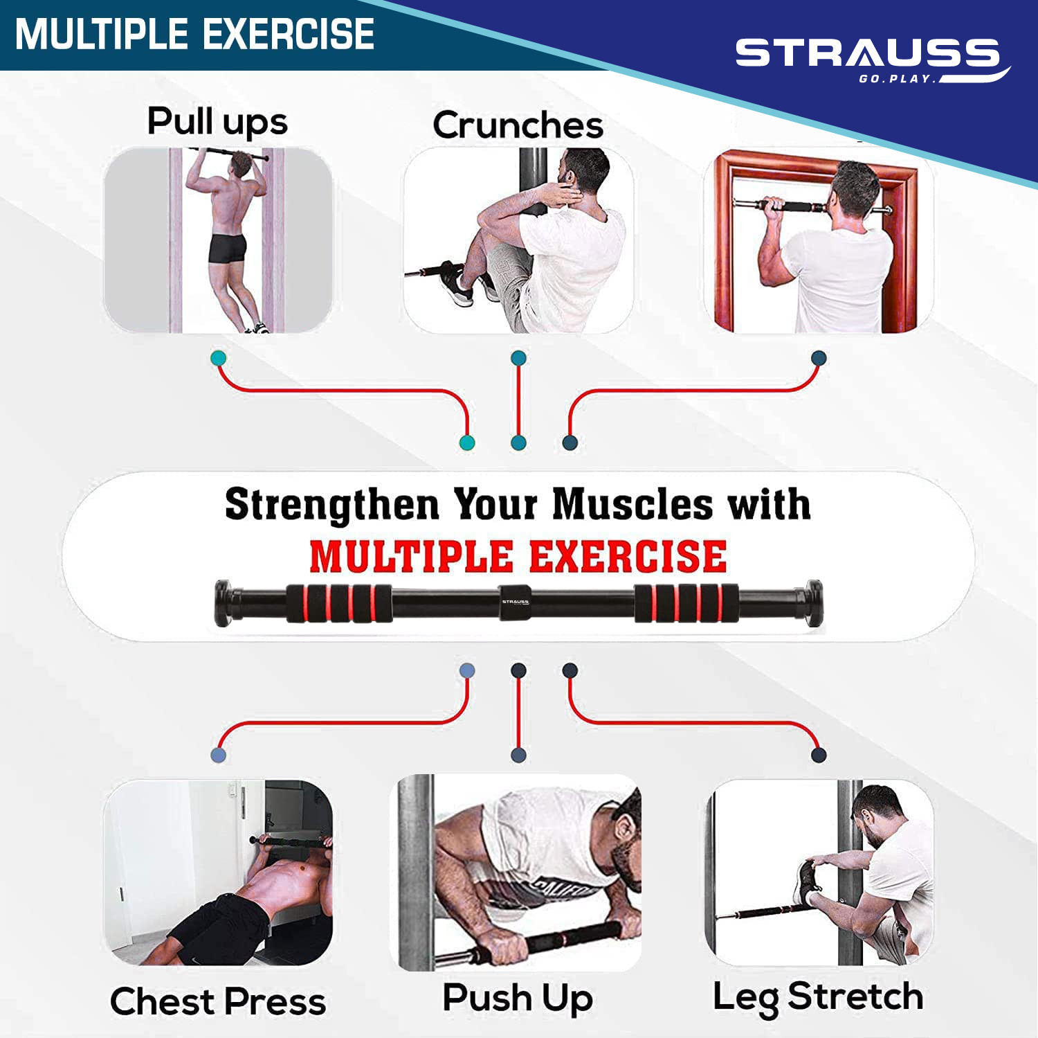 Image of Strauss Adjustable Door Chin Up Bar | Pullup Rod | Pull Up Bar | Gym Bar Pull-up Bar