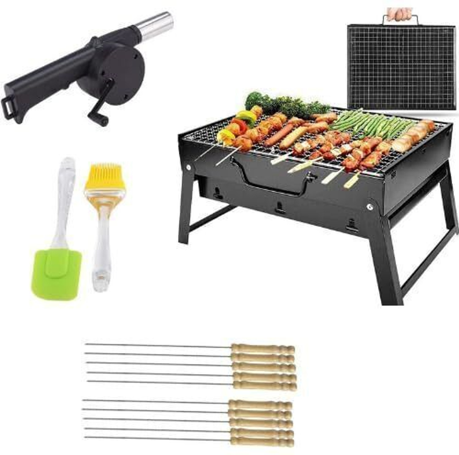 Image of hirva creation Foldable Charcoal BBQ Grill Set with 10 Skewers, Spatulas & Blower - Black Charcoal Grill