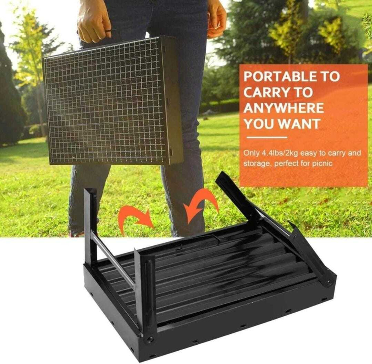 Image of RAYHUNT Barbecue Grills - Foldable Charcoal Barbeque Grill With (2 Spatula, 1 Bbq, 12 Stick) | Outdoor bbq grill tools for Camping Picnics Traveling - Stellar Black Charcoal Grill Charcoal Grill