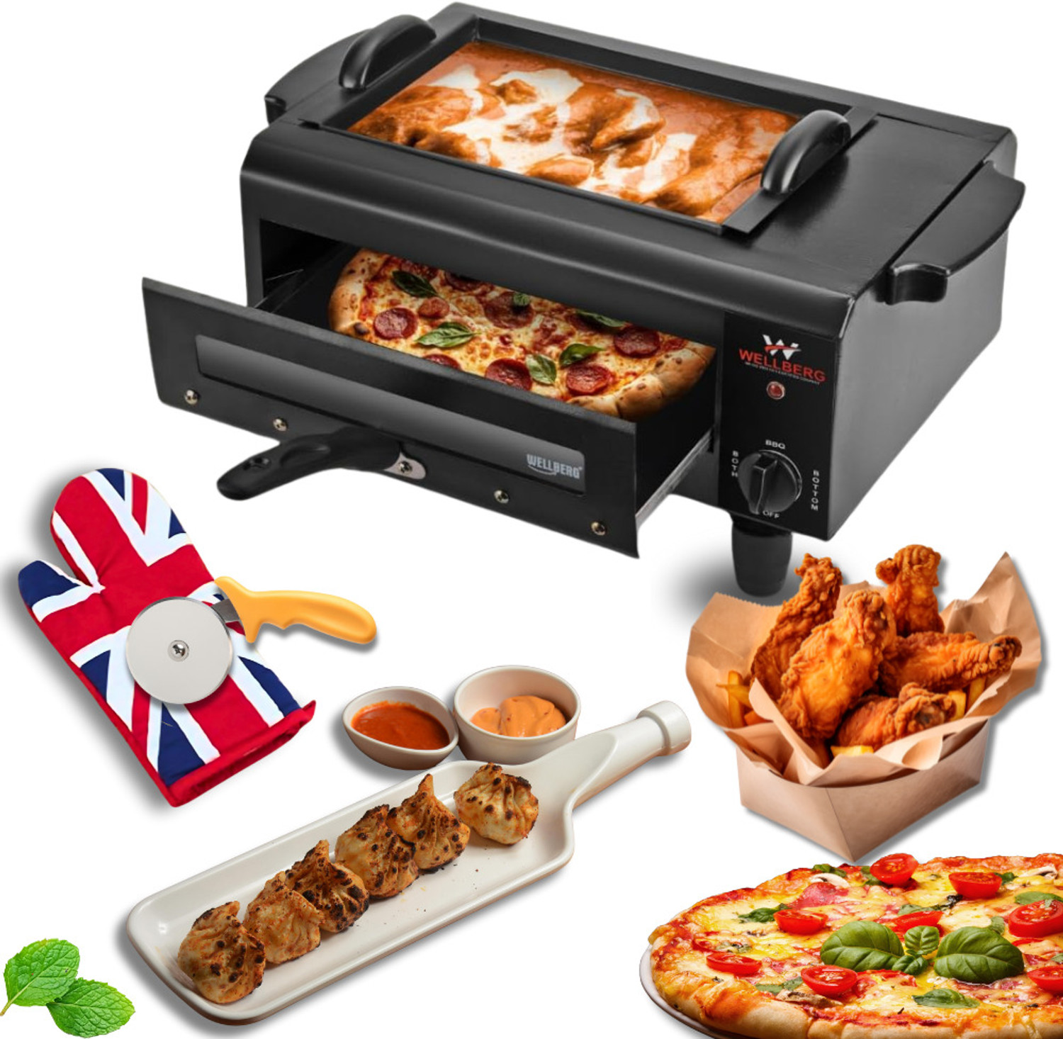 Image of WELLBERG 3-in-1 Pizza Oven | Multi-Purpose Grill & Barbecue | Fast Heating & Heavy-Duty Electric Tandoor