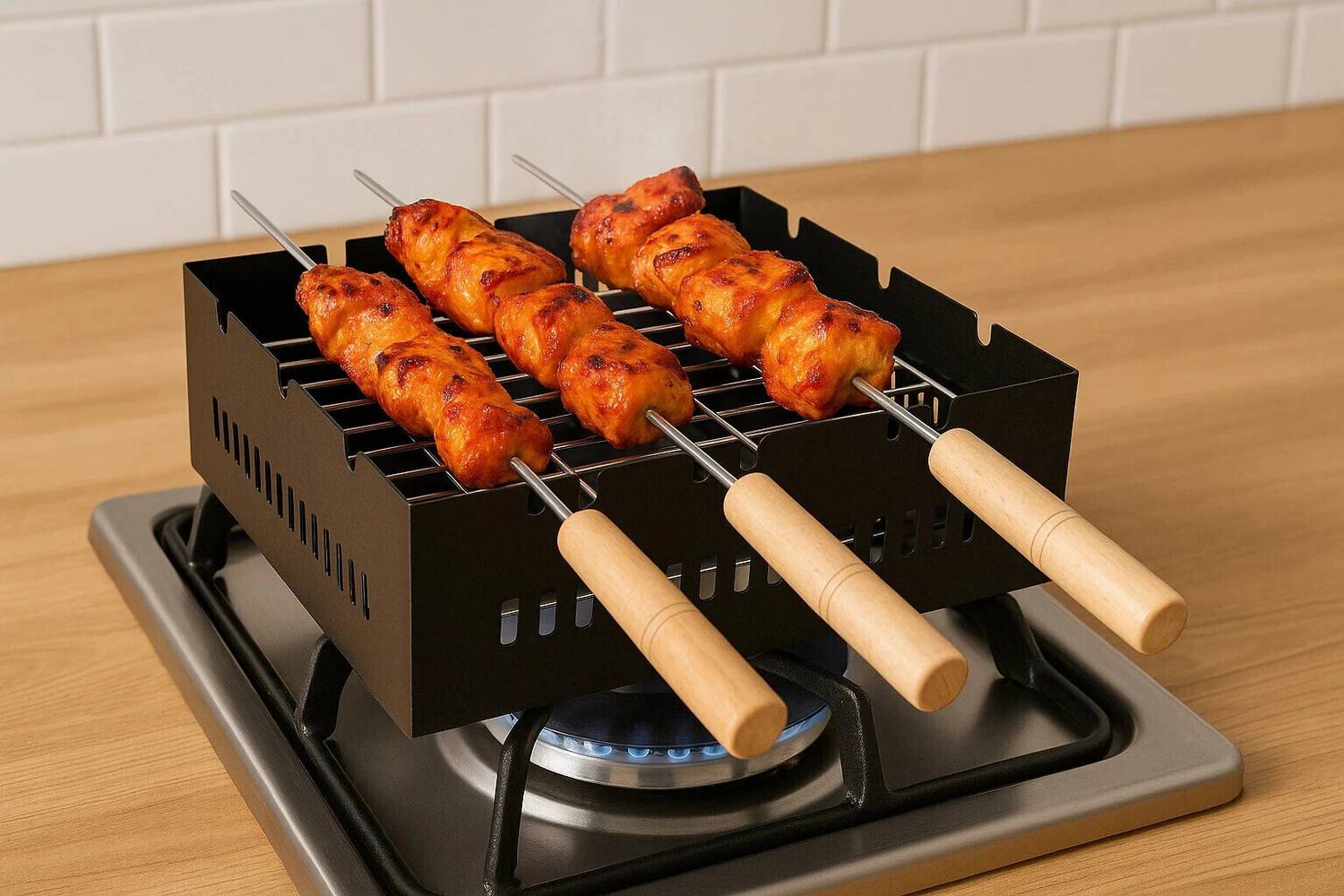Chefman QuickGrill Mini Charcoal BBQ Grill | Portable Iron Tandoor for Outdoor Cooking | Heavy-Duty with Wooden Skewers | Grill Paneer, Chicken, Veg & Non-Veg Easily | Compact & Travel-Friendly with 3 Skewer Charcoal Grill