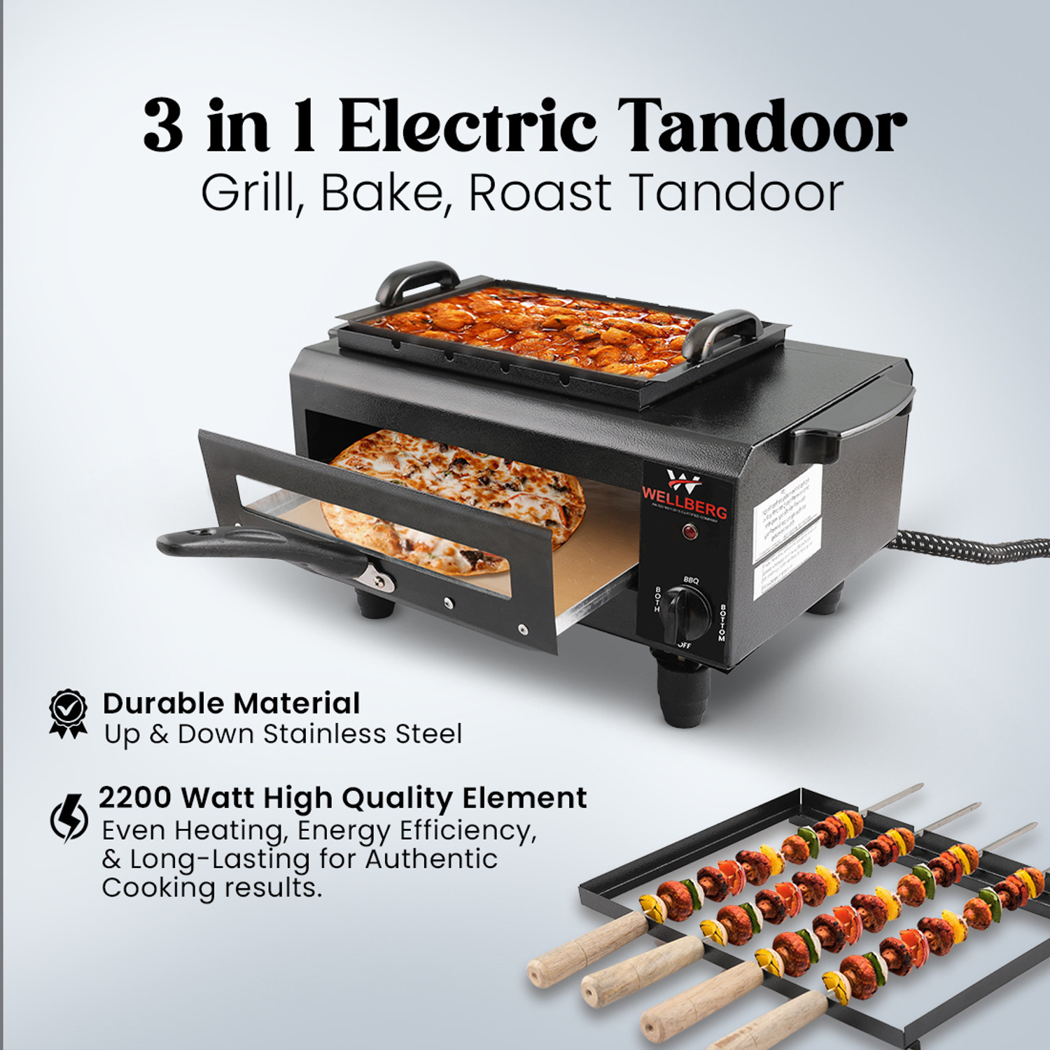 Image of WELLBERG 3-in-1 Pizza Oven | Multi-Purpose Grill & Barbecue | Fast Heating & Heavy-Duty Electric Tandoor