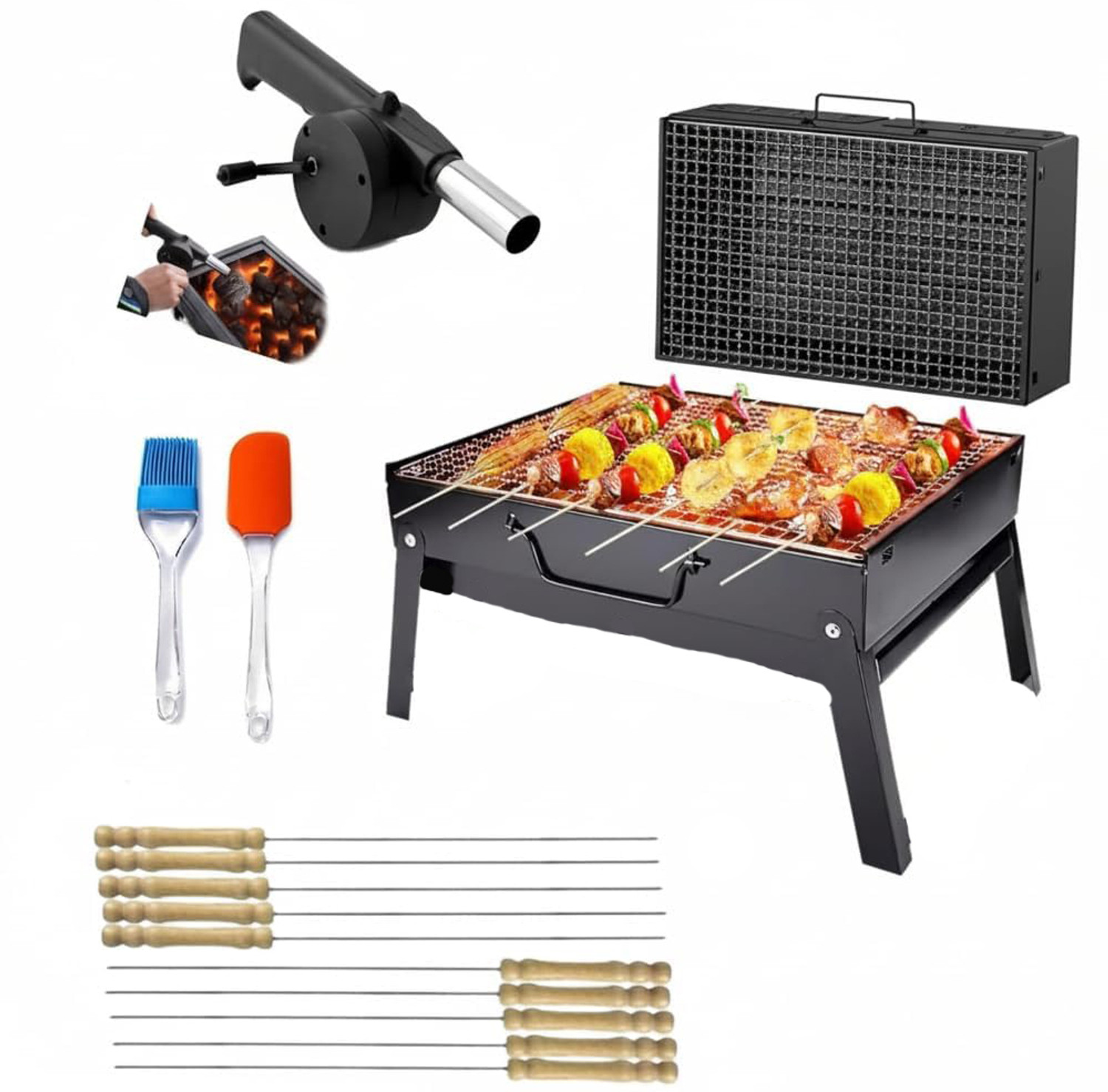 Image of NYTK RETAIL 2025 Foldable Barbeque With - 2 Spatula,1 Bbq, 10 Stick & 1 Air Blower Charcoal Grill