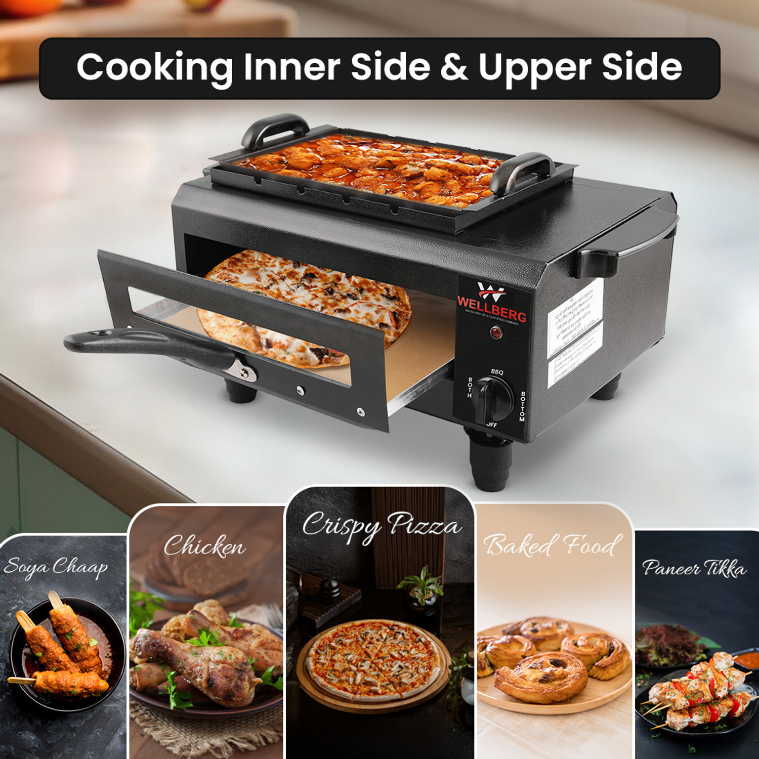 Image of WELLBERG 3-in-1 Pizza Oven | Multi-Purpose Grill & Barbecue | Fast Heating & Heavy-Duty Electric Tandoor