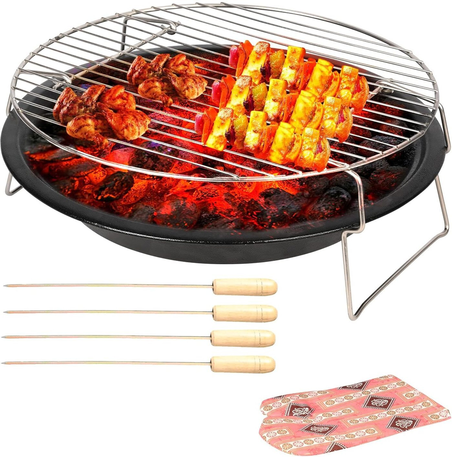 Image of Oriley Round Barbeque Grill Set Charcoal Tray with 4 Skewers & Gloves for Home Charcoal Grill