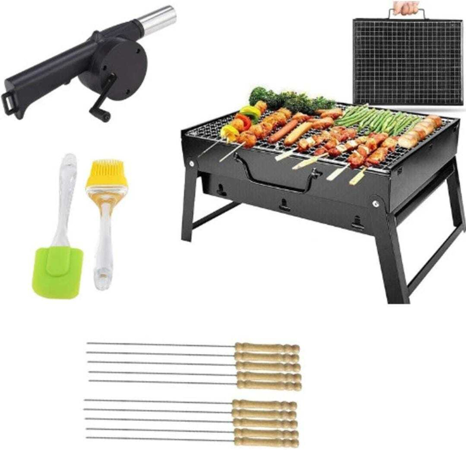 Image of RAYHUNT Barbecue Grills - Foldable Charcoal Barbeque Grill With (2 Spatula, 1 Bbq, 12 Stick) | Outdoor bbq grill tools for Camping Picnics Traveling - Stellar Black Charcoal Grill Charcoal Grill
