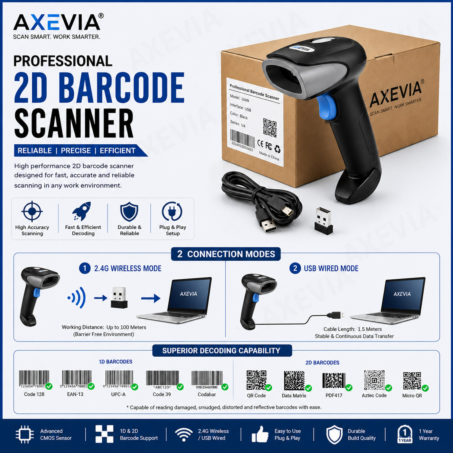 Image of Axevia Professional Barcode Scanner High-Speed Wireless 2D Barcode Reader | Wired QR Code Scanner | Support Win /MAC Connection 2D Camera Barcode Scanner