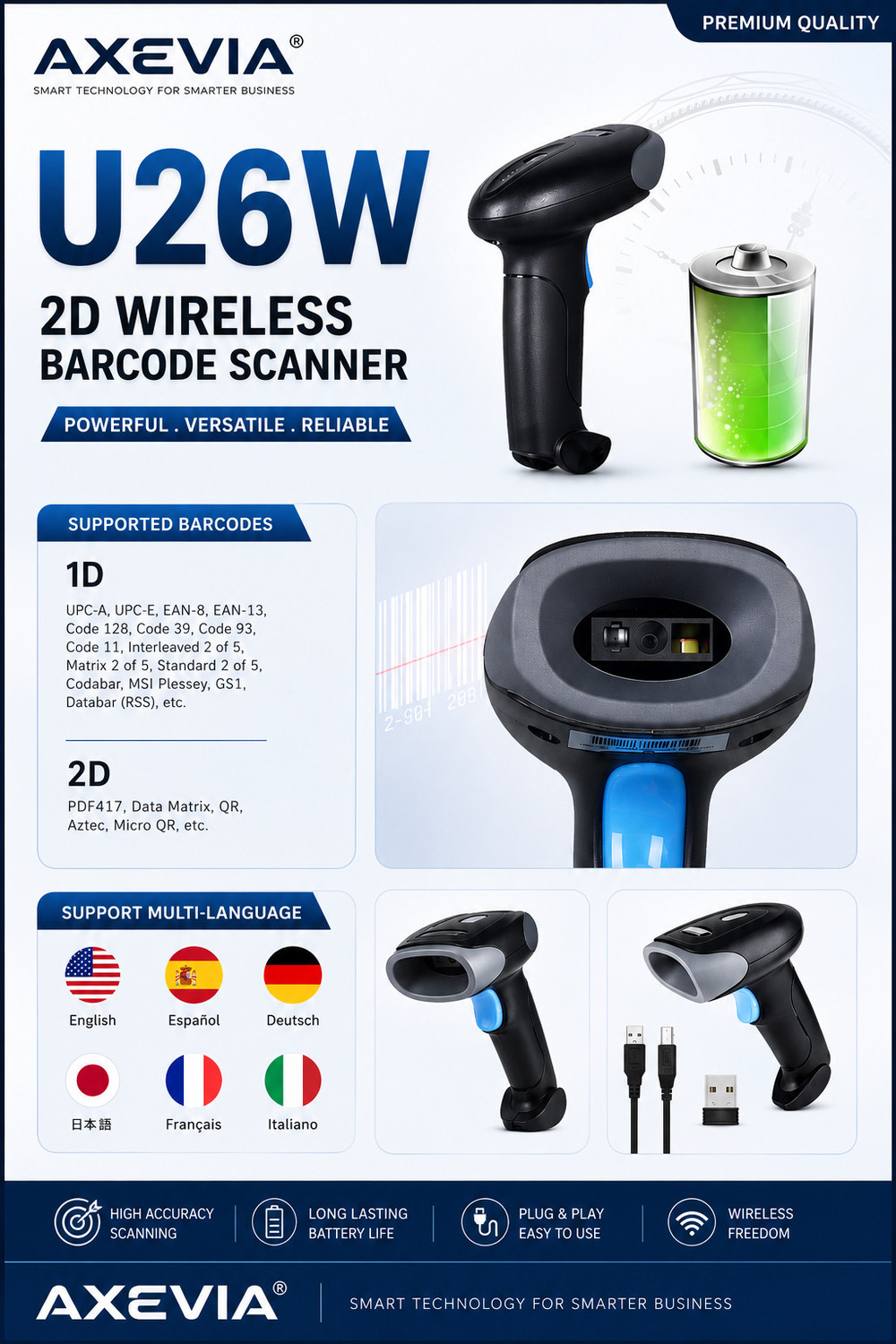 Image of Axevia Professional Barcode Scanner High-Speed Wireless 2D Barcode Reader | Wired QR Code Scanner | Support Win /MAC Connection 2D Camera Barcode Scanner