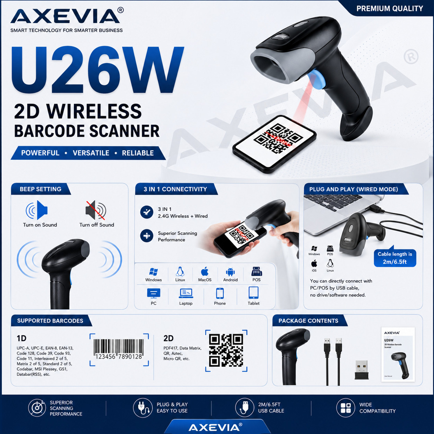 Image of Axevia Professional Barcode Scanner High-Speed Wireless 2D Barcode Reader | Wired QR Code Scanner | Support Win /MAC Connection 2D Camera Barcode Scanner