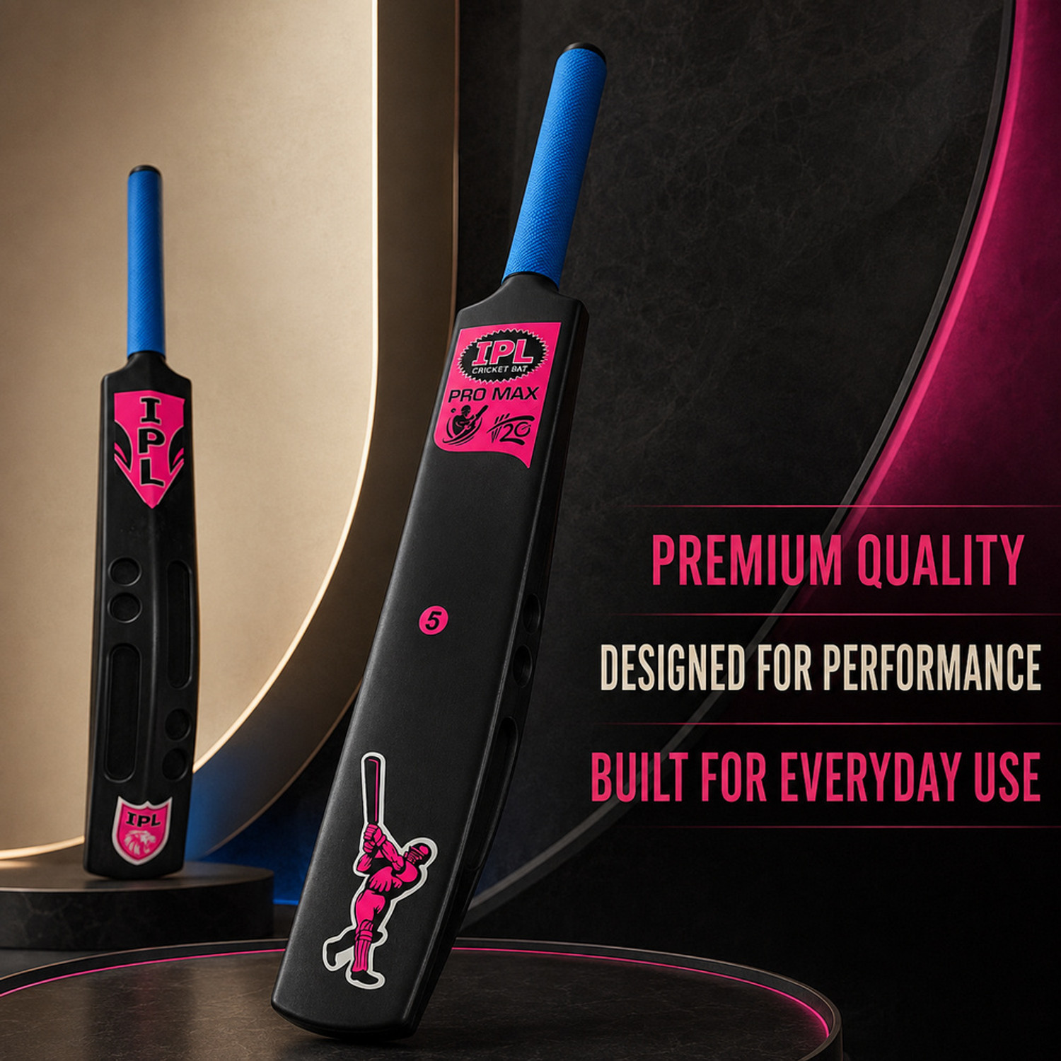 Image of NFtoys Kids Black Plastic Cricket Bat Toy with Blue Grip and Pink IPL Design PVC /Plastic Cricket Bat For 12 - 14 Yrs