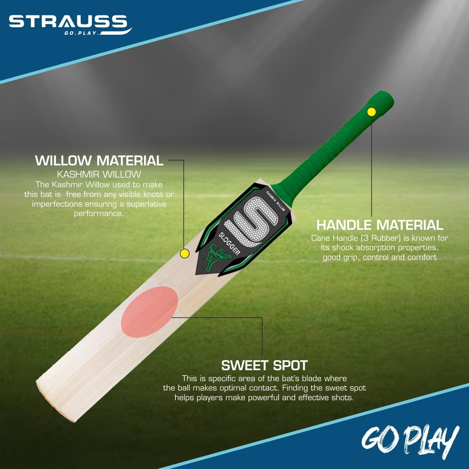 Image of Strauss Slogger | Suitable Only for Tennis Ball | Size: 6 | Kashmir Willow Cricket Bat For 12 - 14 Yrs
