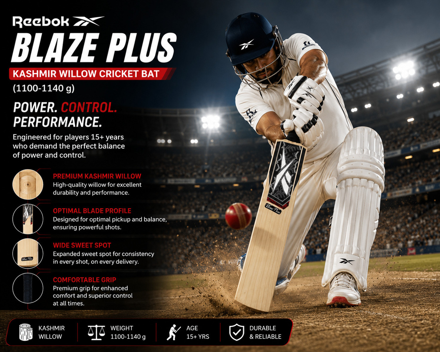 Image of REEBOK Blaze Plus (Playing Style- Leather Ball) Kashmir Willow Cricket Bat For 15+ Yrs