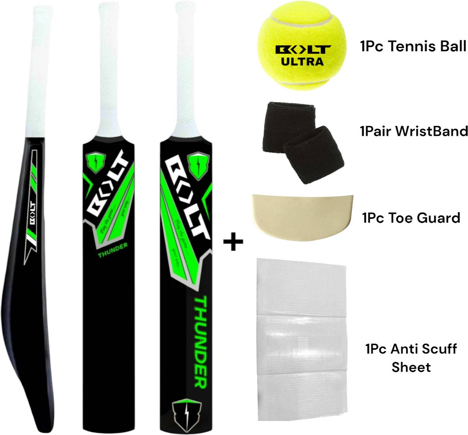 BOLT Cricket Combo 5in1 Thunder Black (Bat, TBall, Wristbands, ToeGuard &Anti-Scuff) PVC/Plastic Cricket Bat For 15+ Yrs