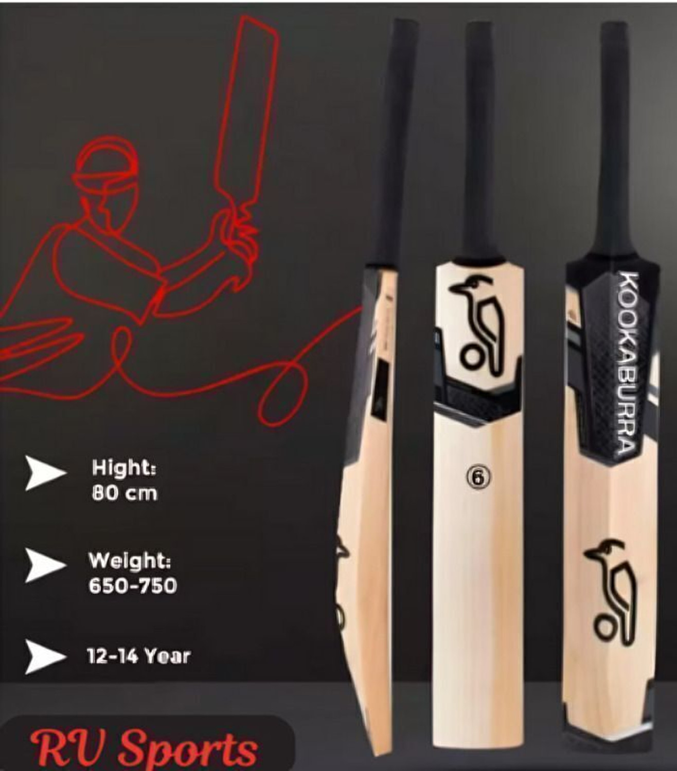 Image of R V Sports Kookaburra Black Edition | Tennis Ball Cricket Bat | Size 6 Poplar Willow Cricket Bat For 9 - 11 Yrs