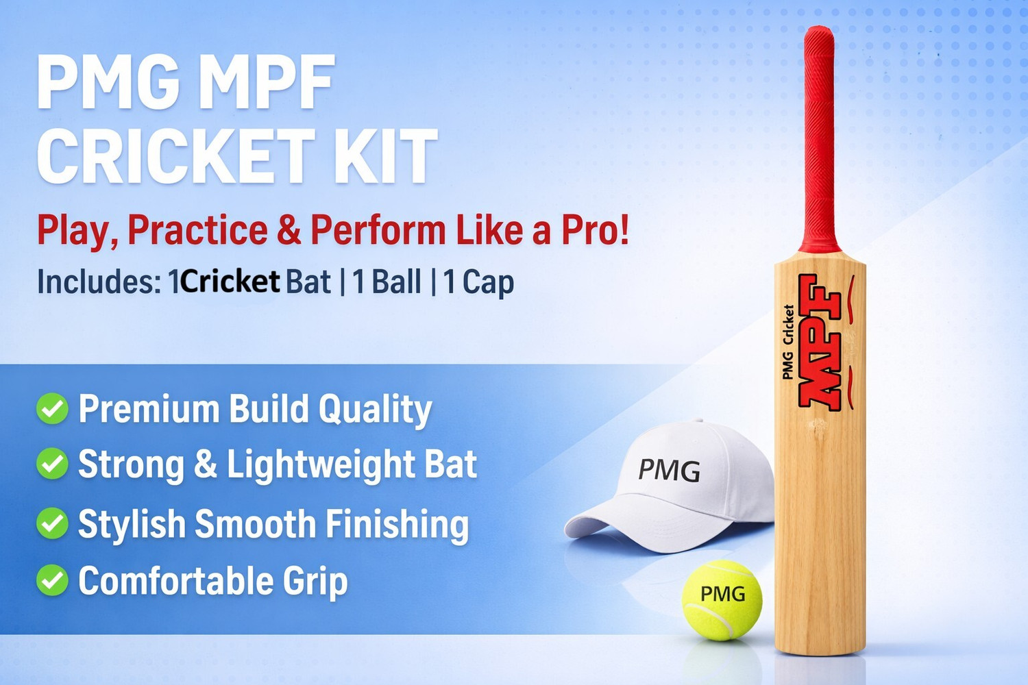 Image of PMG MPF Wooden Bat (Bat + Ball + Cap) for Boys 10-12 Years Poplar Willow Cricket Bat For 11 - 13 Yrs