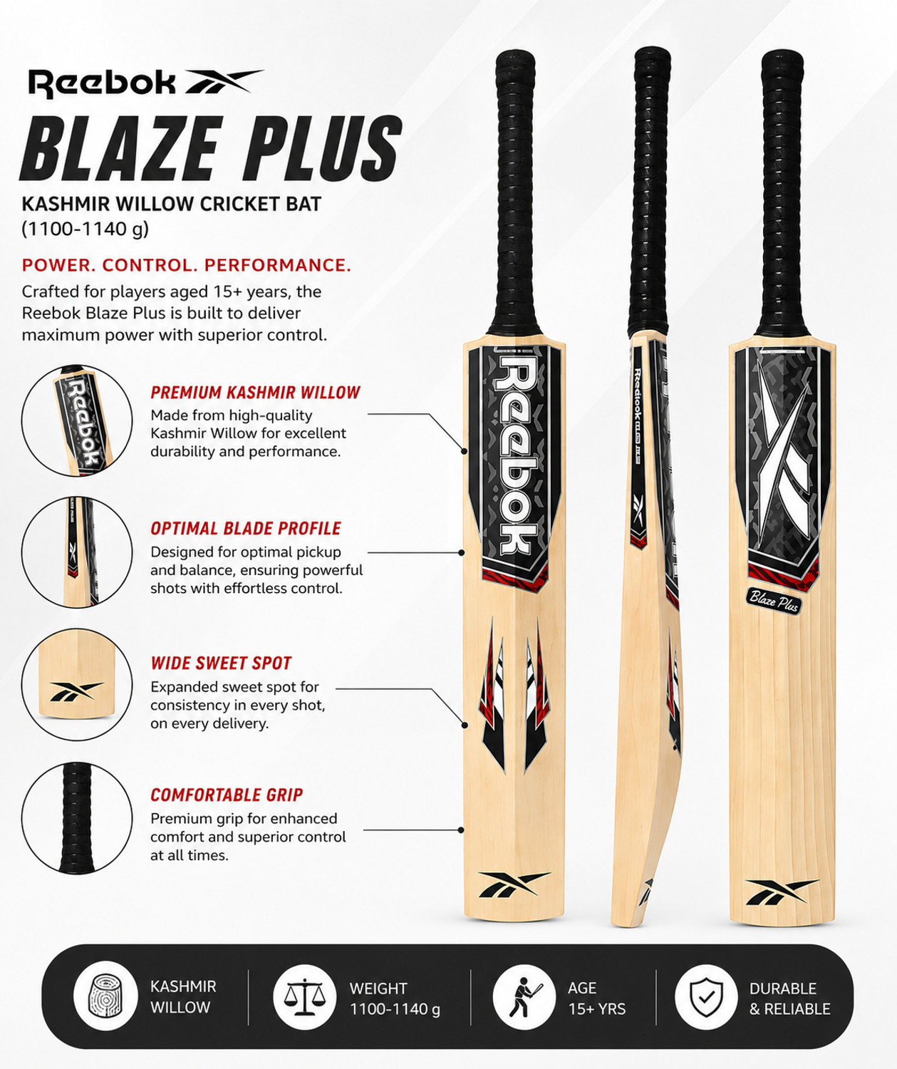 Image of REEBOK Blaze Plus (Playing Style- Leather Ball) Kashmir Willow Cricket Bat For 15+ Yrs