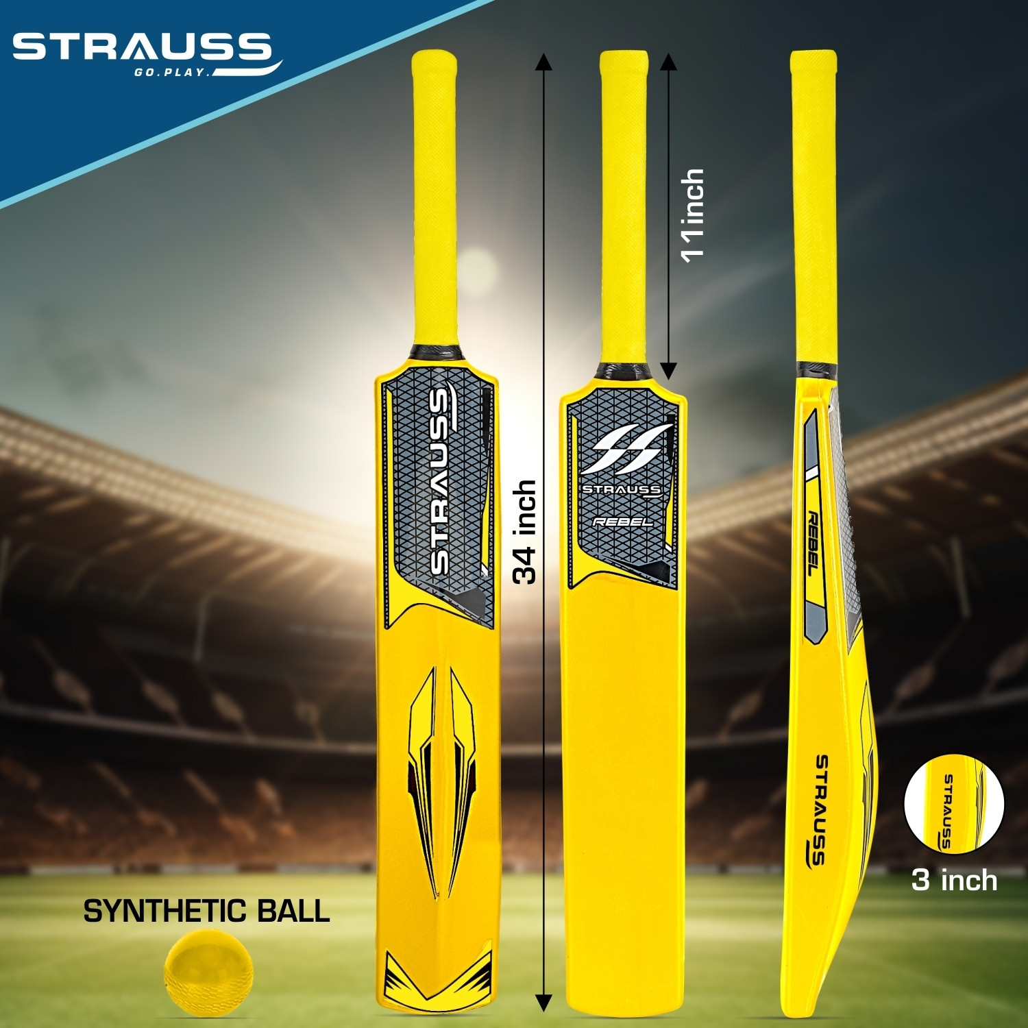 Image of Strauss Rebel Plastic Cricket Kit,Size SH (34 X 4.5inch)for All Age Group (Yellow,Black) PVC /Plastic Cricket Bat For 15+ Yrs