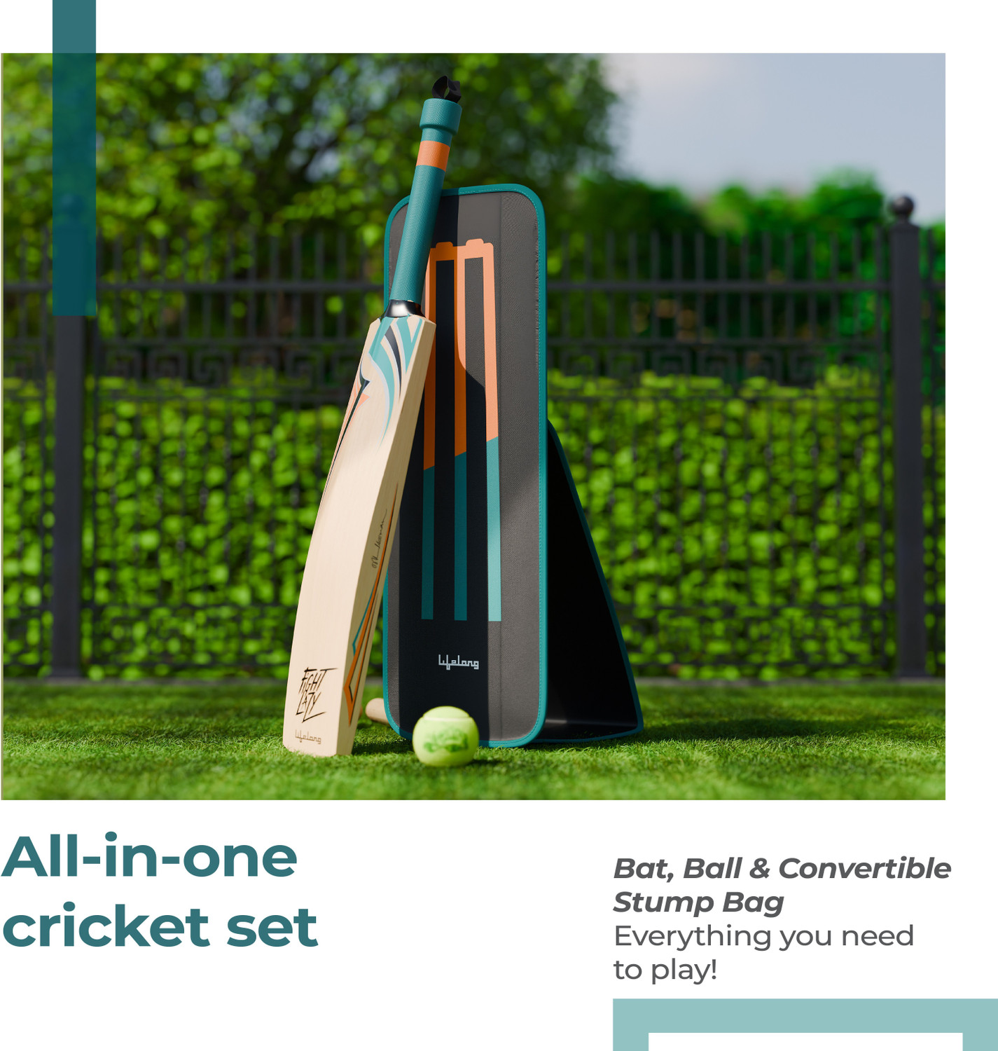 Image of Lifelong inchWooden Gully Cricket Bat Set Combo with Convertible stump bag Kids inch Poplar Willow Cricket Bat For 9 - 11 Yrs