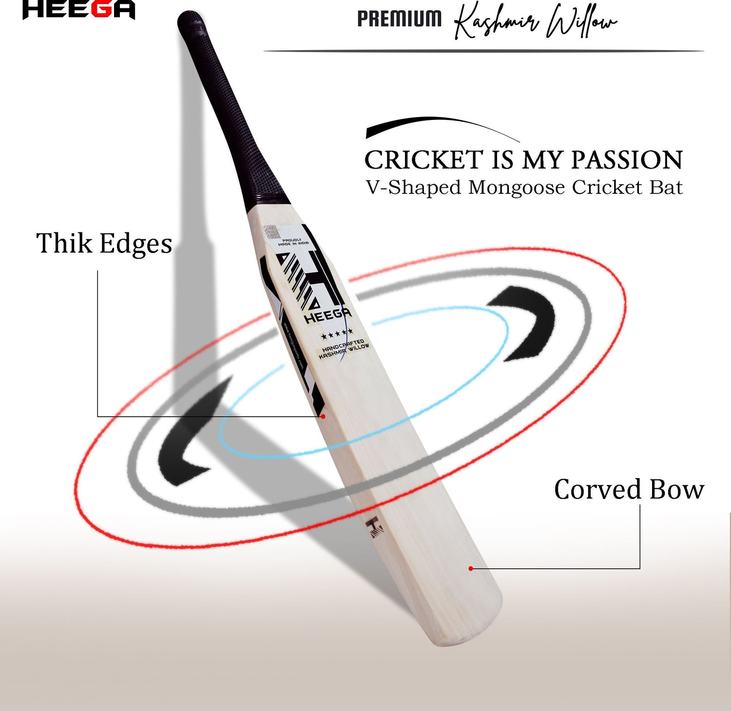 Image of Heega V Shaped Mongoose Kashmir Willow Bat | Leather bat Kashmir Willow Cricket Bat For 15+ Yrs