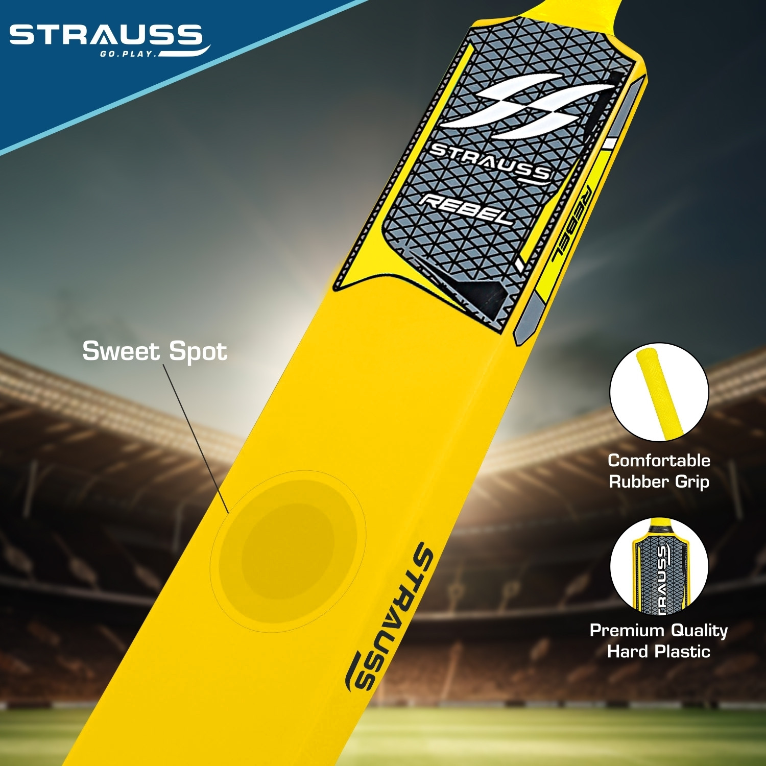 Image of Strauss Rebel Plastic Cricket Kit,Size SH (34 X 4.5inch)for All Age Group (Yellow,Black) PVC /Plastic Cricket Bat For 15+ Yrs