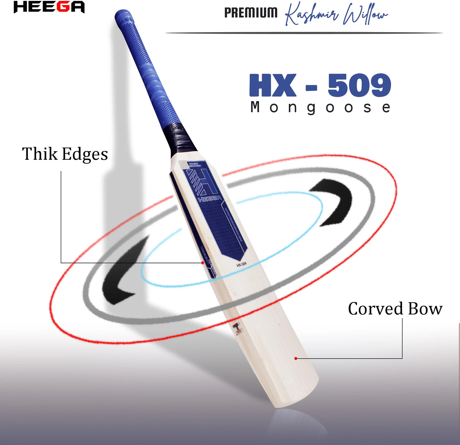 Image of Heega HX-509 Mongoose Type Pre-Knocked Cricket bat (8000 Knocks) Kashmir Willow Cricket Bat For 15+ Yrs
