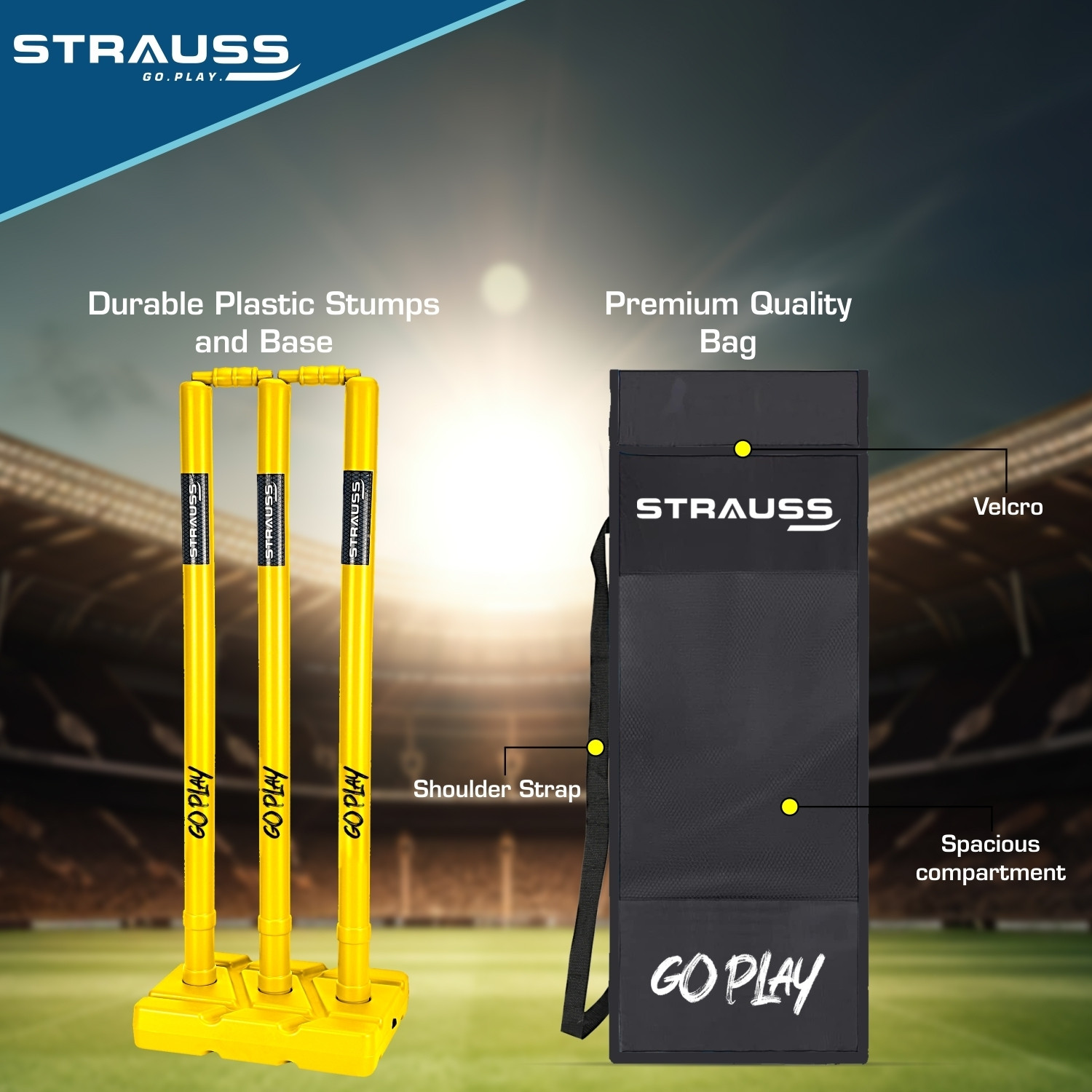 Image of Strauss Rebel Plastic Cricket Kit,Size SH (34 X 4.5inch)for All Age Group (Yellow,Black) PVC /Plastic Cricket Bat For 15+ Yrs