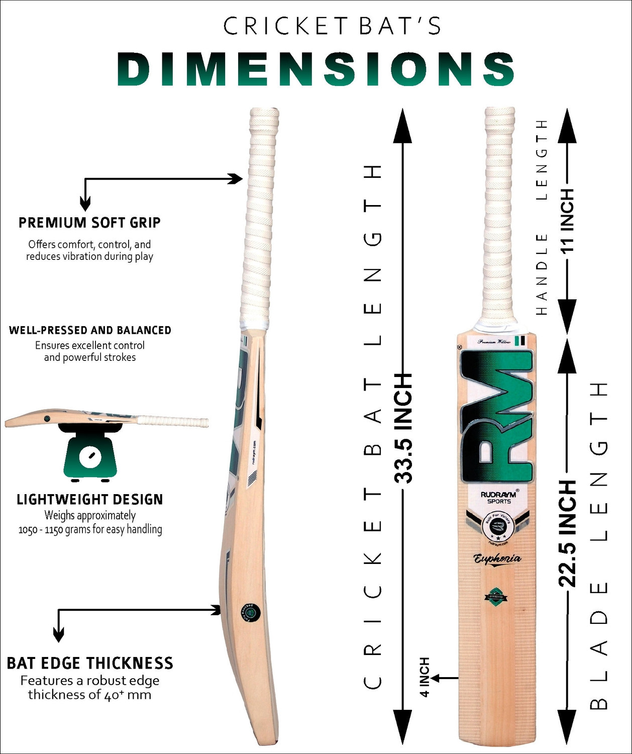 Image of RUDRAYM RM Euphoria Pre knocked English Willow Cricket Bat English Willow Cricket Bat For 15+ Yrs