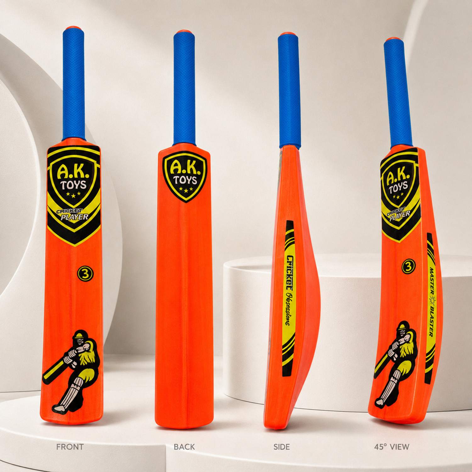 Image of NFtoys Orange Plastic Cricket Bat for Kids with Blue Grip, Size 3 Indoor Outdoor Play PVC /Plastic Cricket Bat For 6 - 7 Yrs