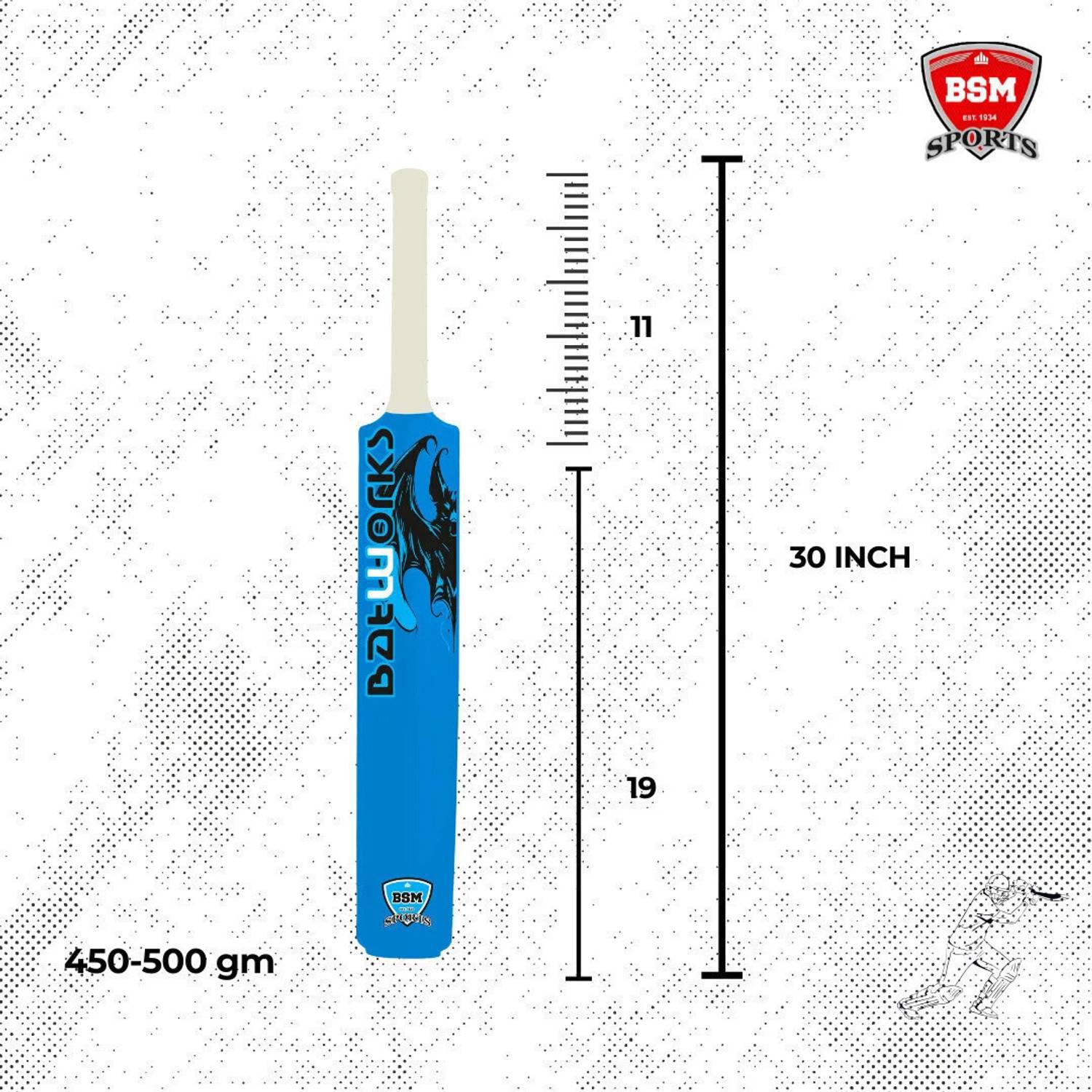 BSM Batworks Blue Heavy Duty Tennis Ball Sky Blue Cricket Bat Size 3(28"x4"x1.76") PVC/Plastic Cricket Bat For 9 - 11 Yrs