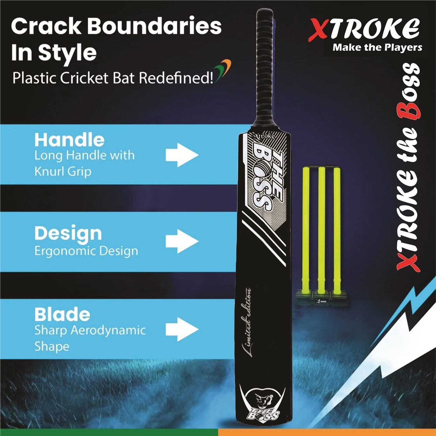 Image of XTROKE The Boss Grand Edition Hard Plastic Cricket bat for All Tennis Ball PVC /Plastic Cricket Bat For 15+ Yrs
